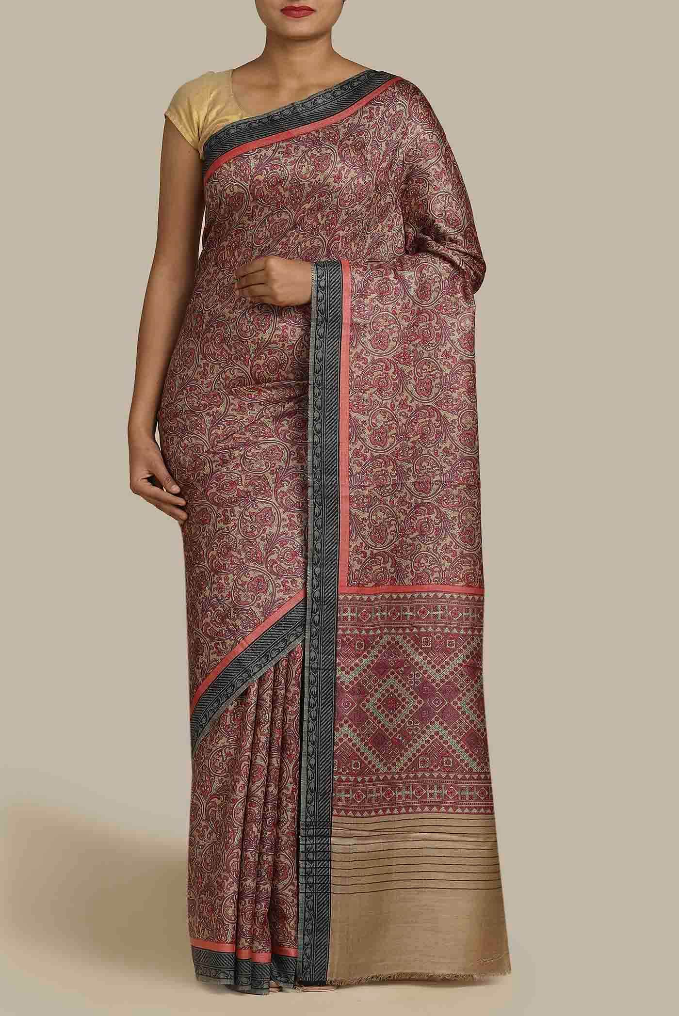 Beige Pashmina Silk Saree