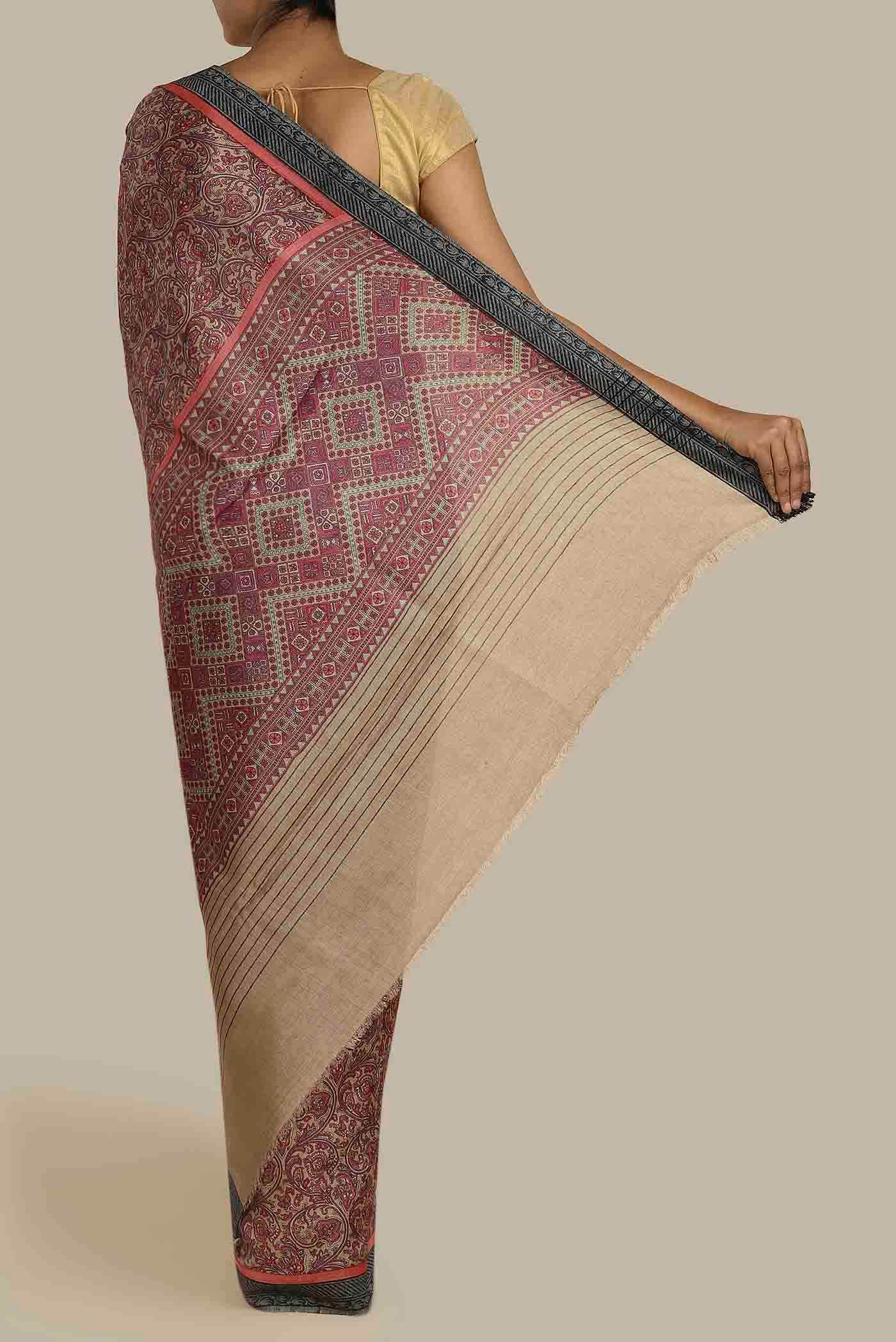 Beige Pashmina Silk Saree