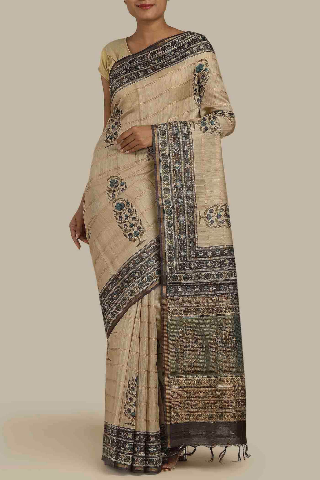 Beige Bhagalpuri Tussar Silk Saree