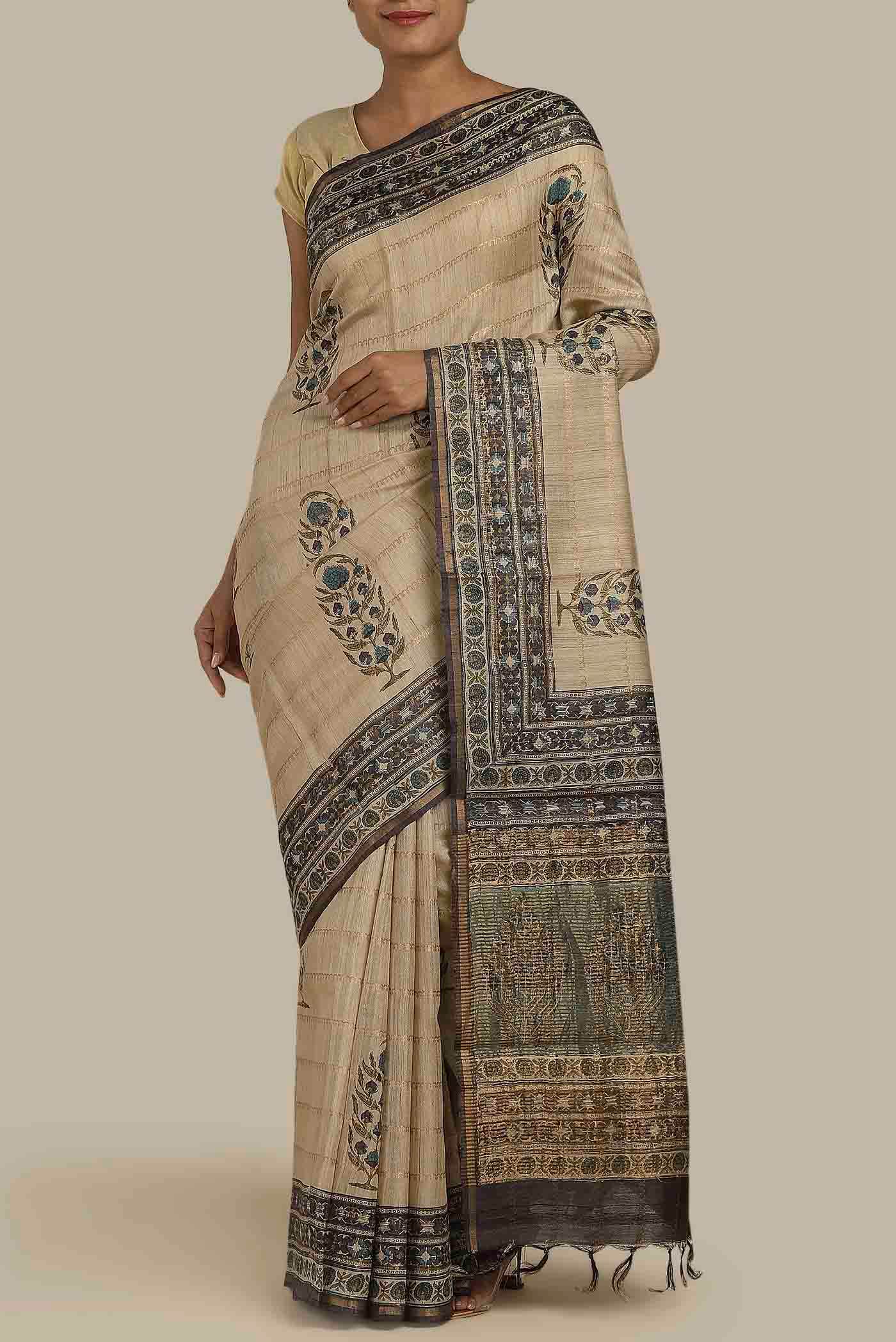 Beige Bhagalpuri Tussar Silk Saree