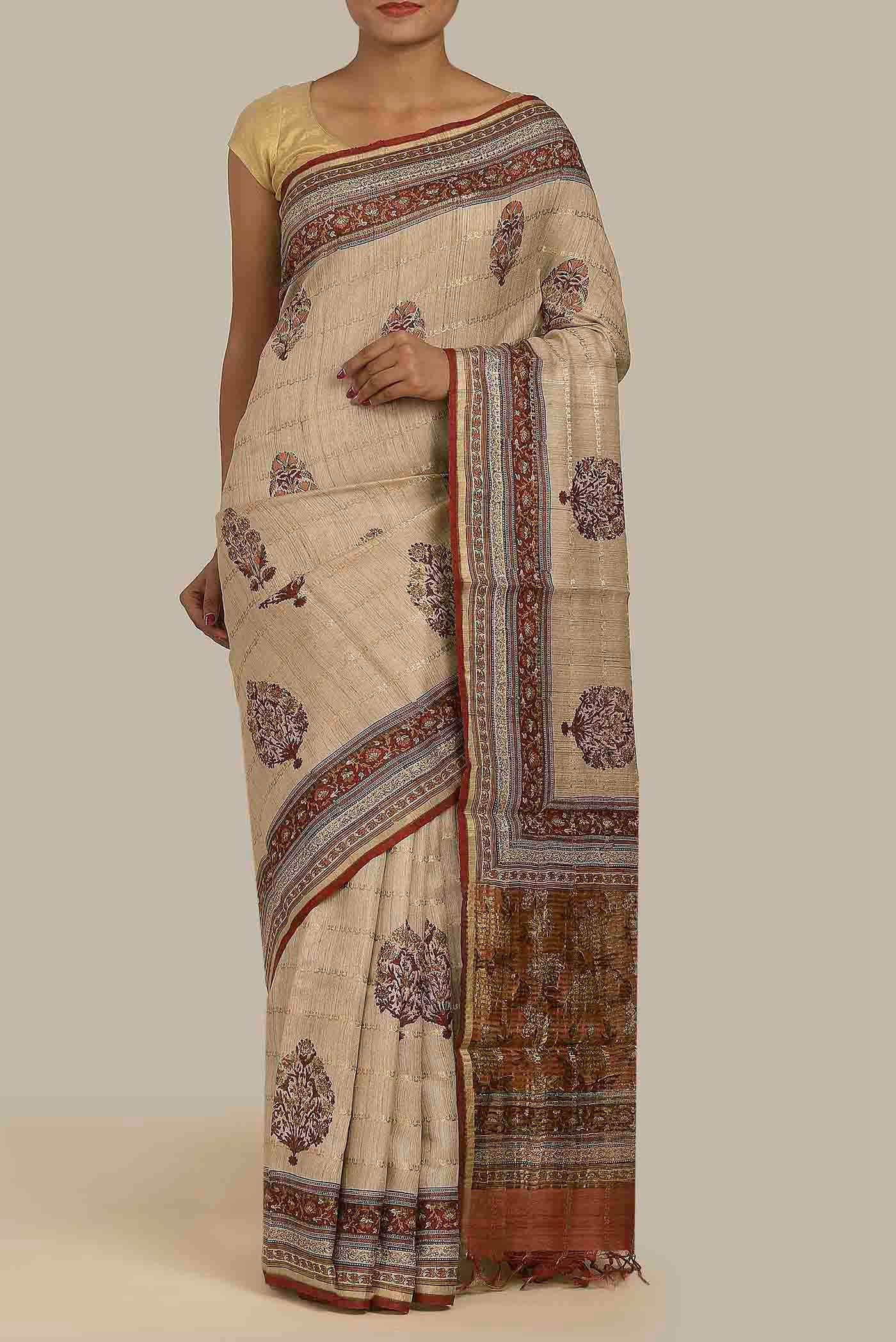 Beige Bhagalpuri Tussar Silk Saree