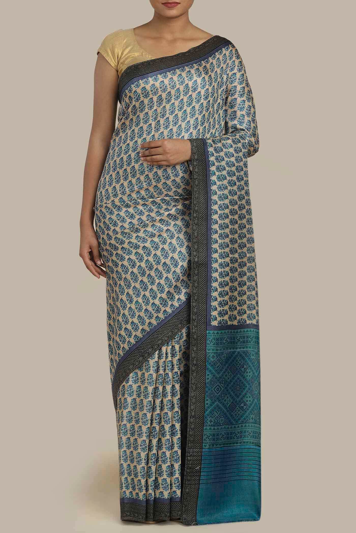 Beige Pashmina Silk Saree