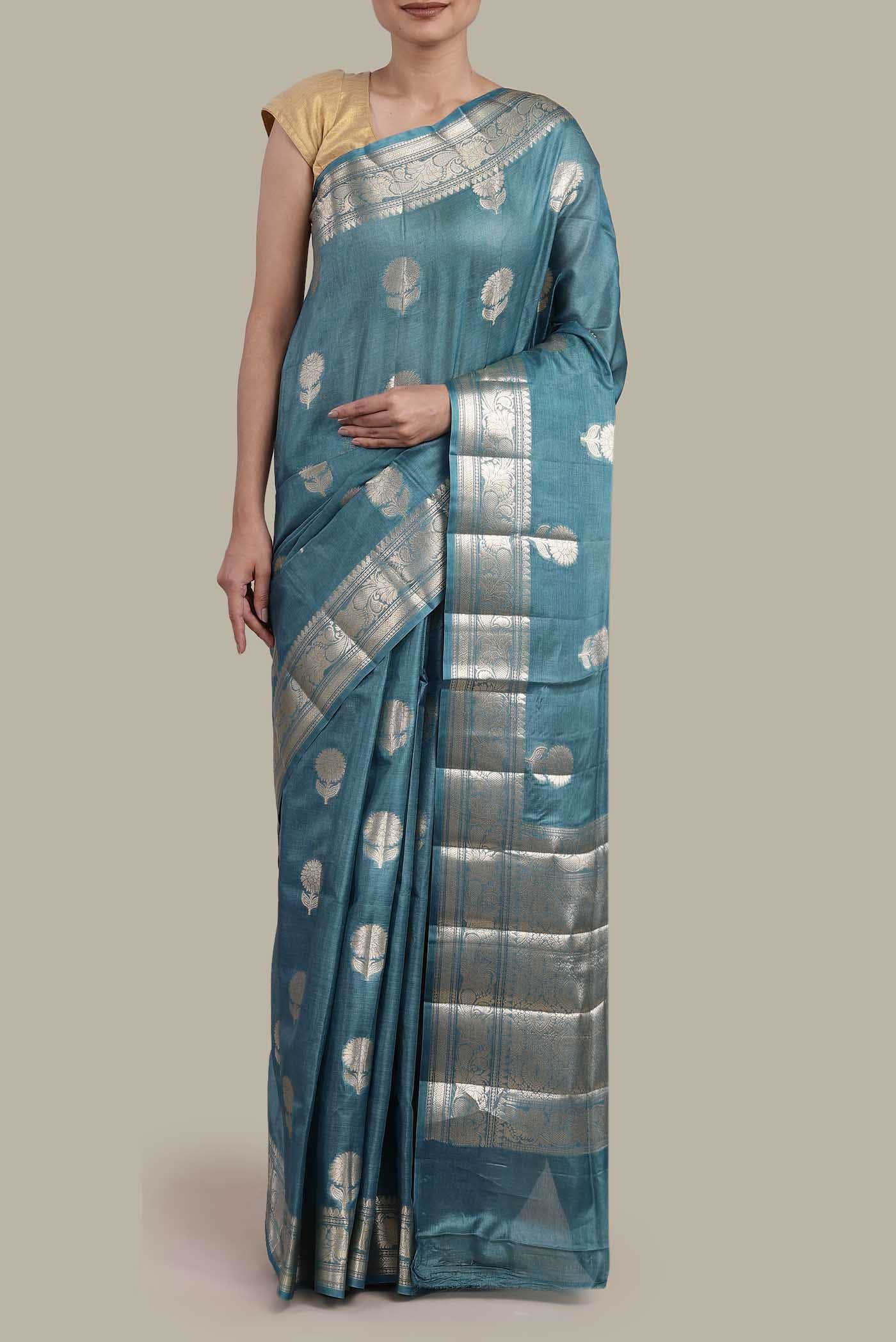 Blue Banarasi Tussar Silk Saree