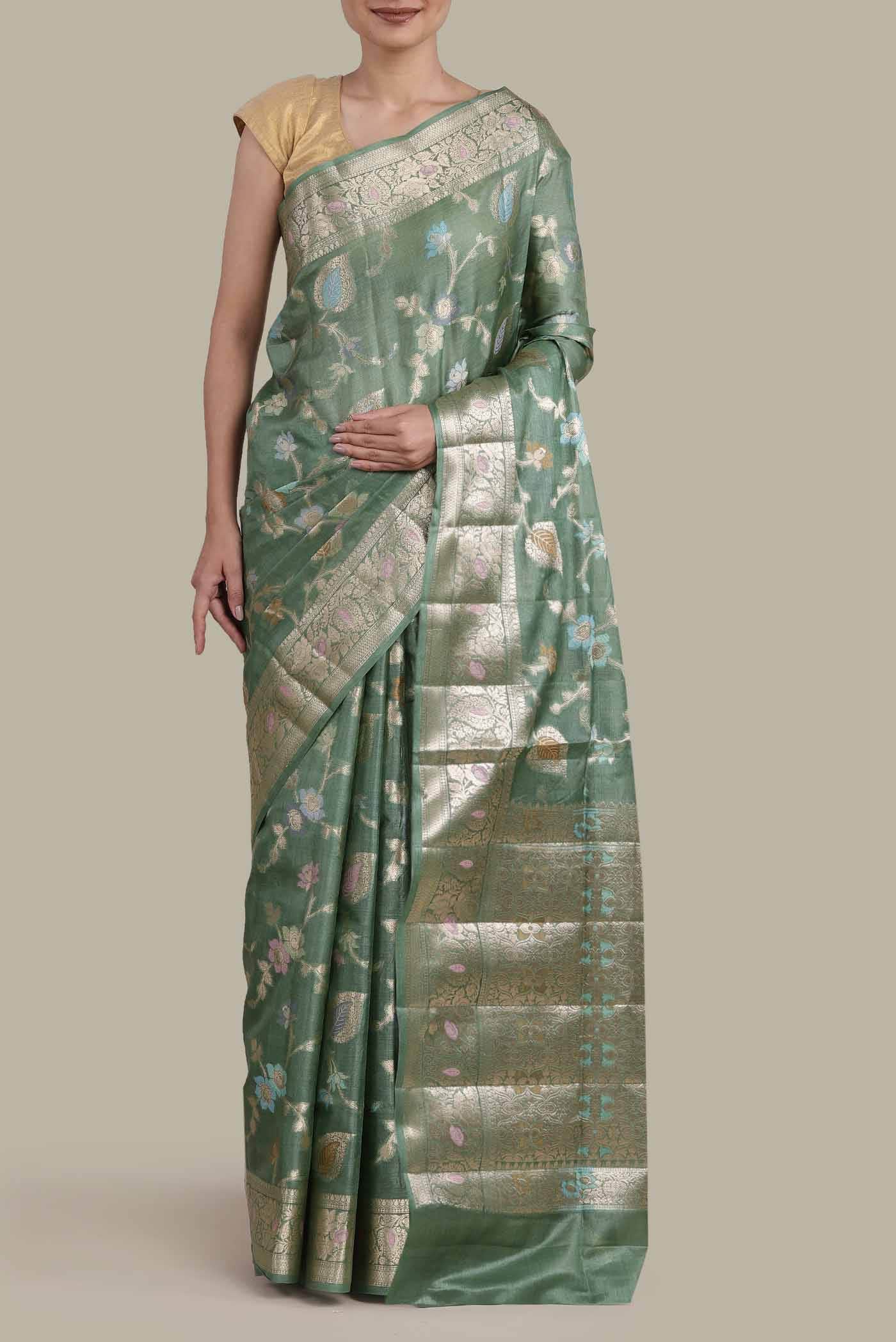 Green Banarasi Tussar Silk Saree