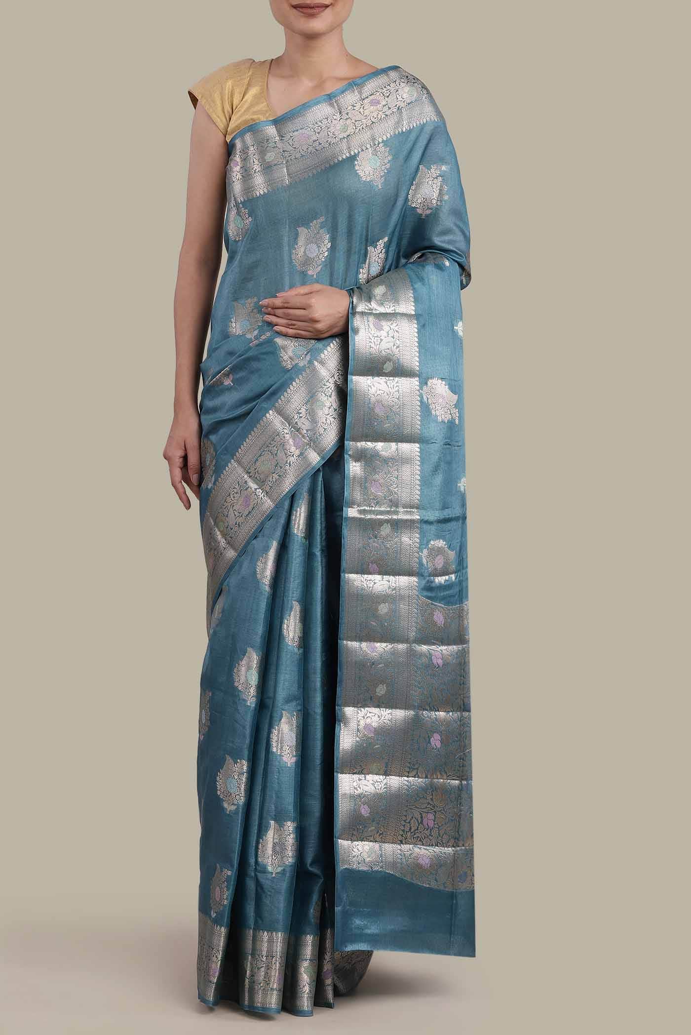 Blue Banarasi Tussar Silk Saree