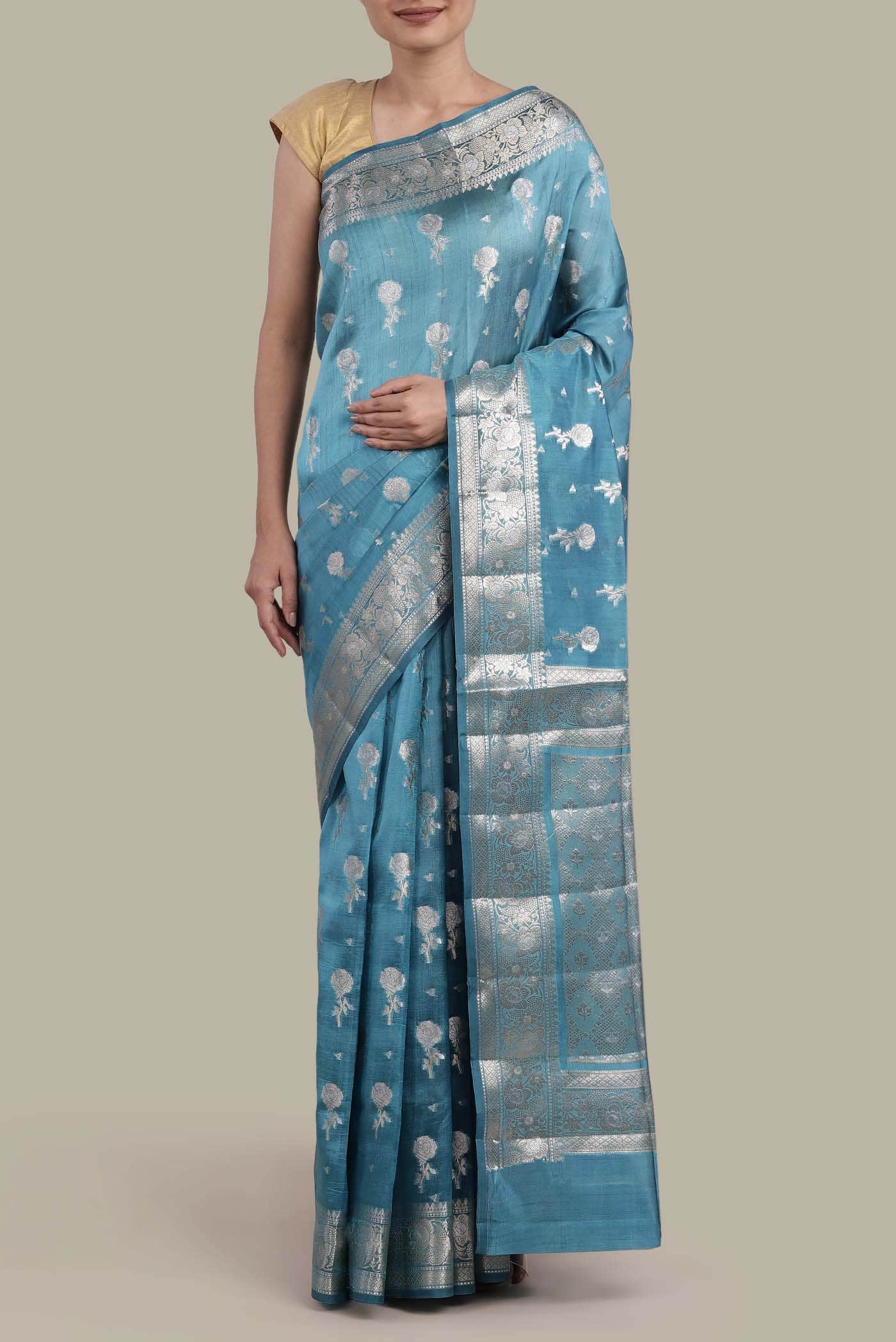Blue Banarasi Raw Silk Saree