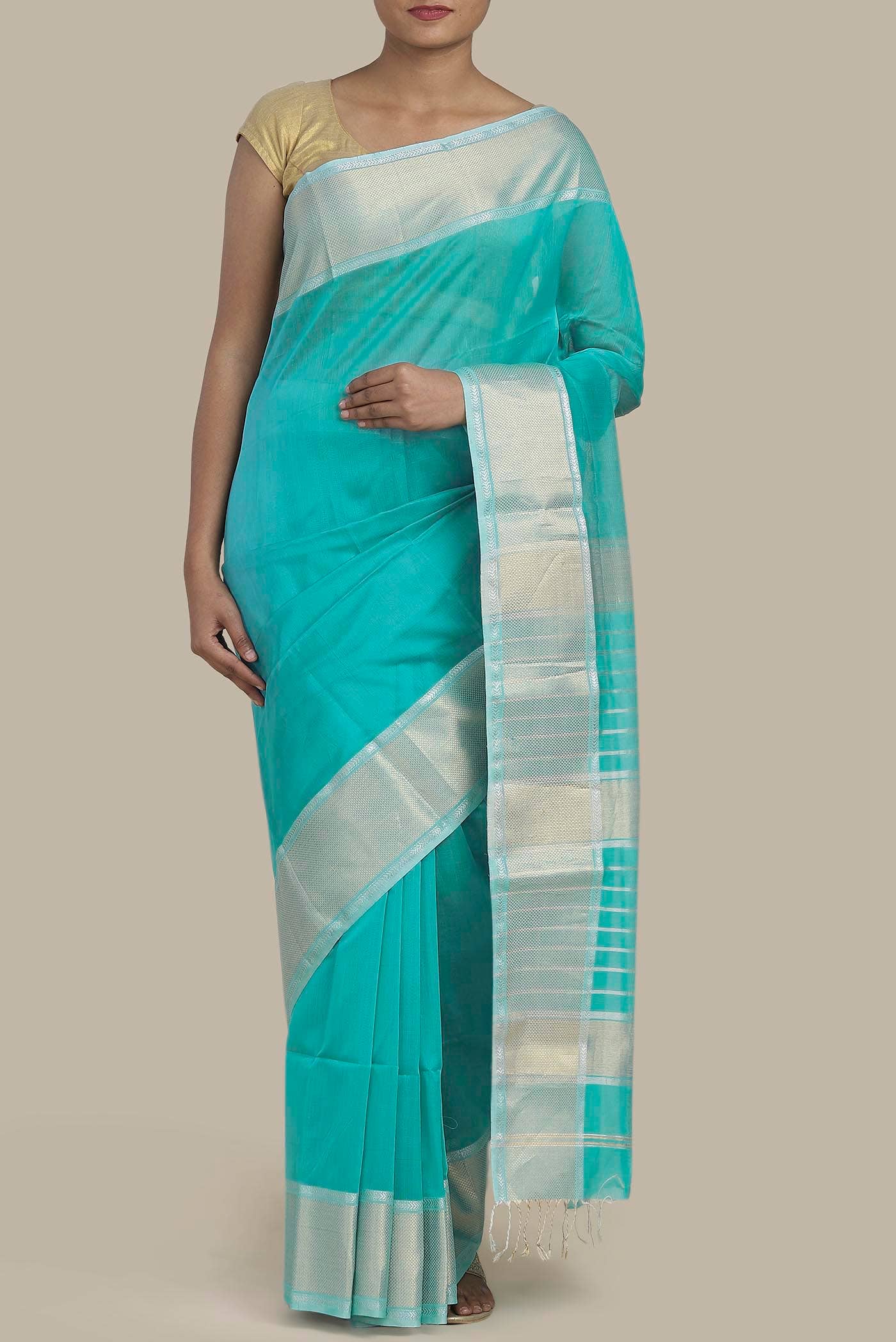 Turquoise Maheshwari Silk Cotton Saree