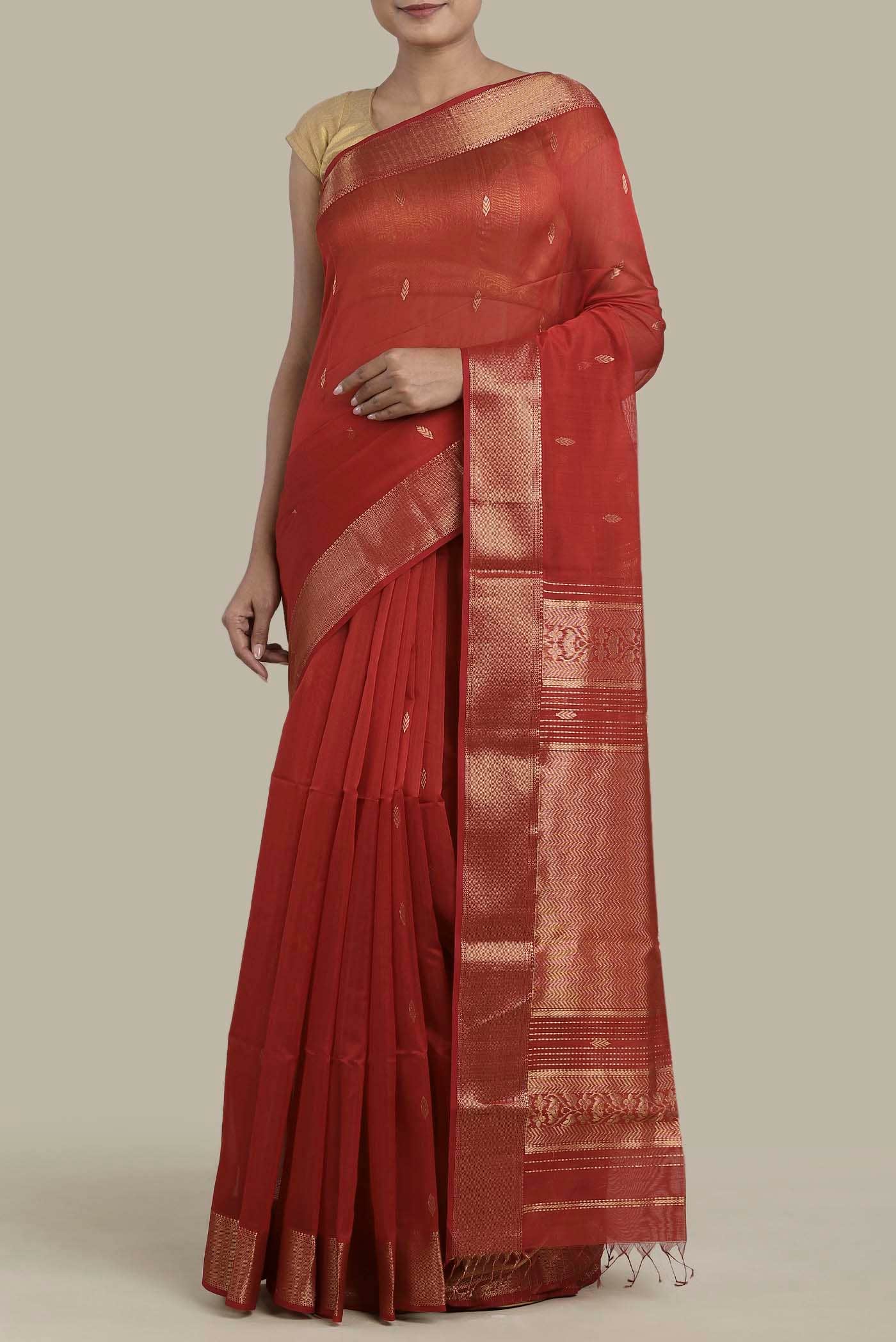 Rust Maheshwari Silk Cotton Saree