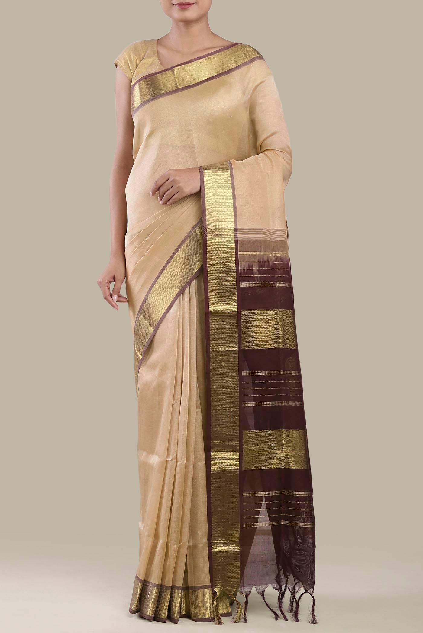 Beige Silk Cotton Saree