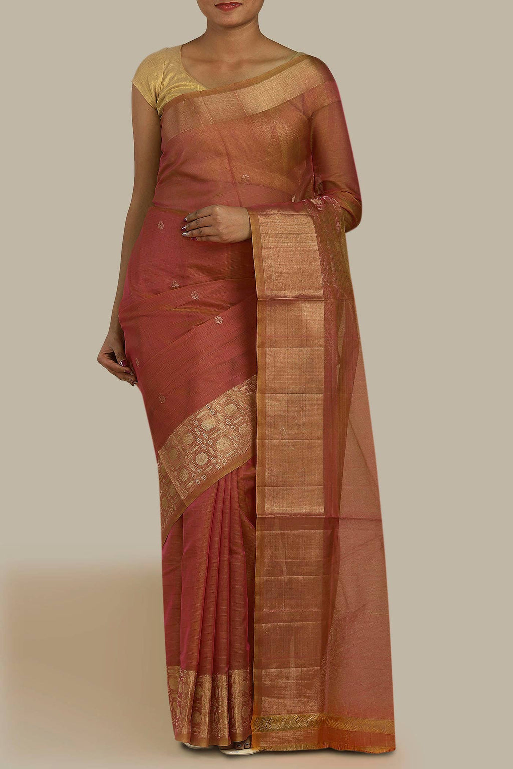 Coral with Yellow Dual Tone Silk Cotton Saree