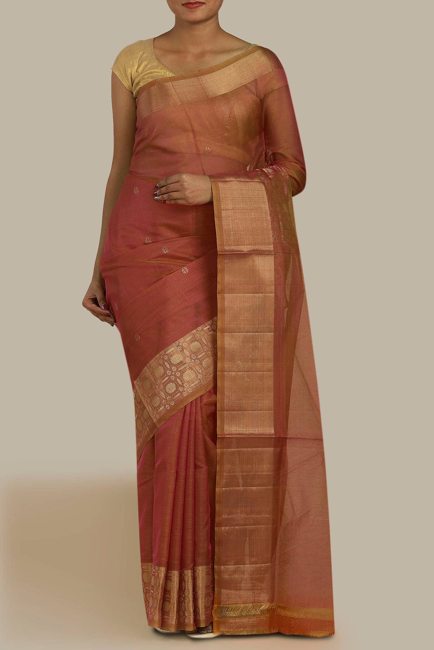 Coral with Yellow Dual Tone Silk Cotton Saree