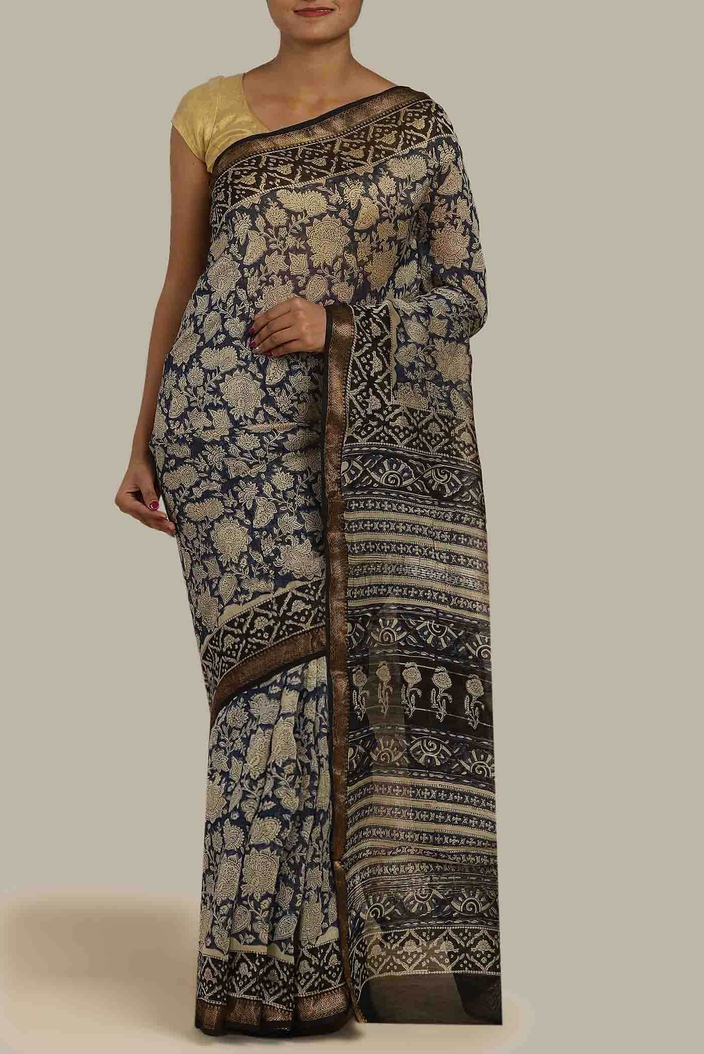 Navy Blue Maheshwari Silk Cotton Saree