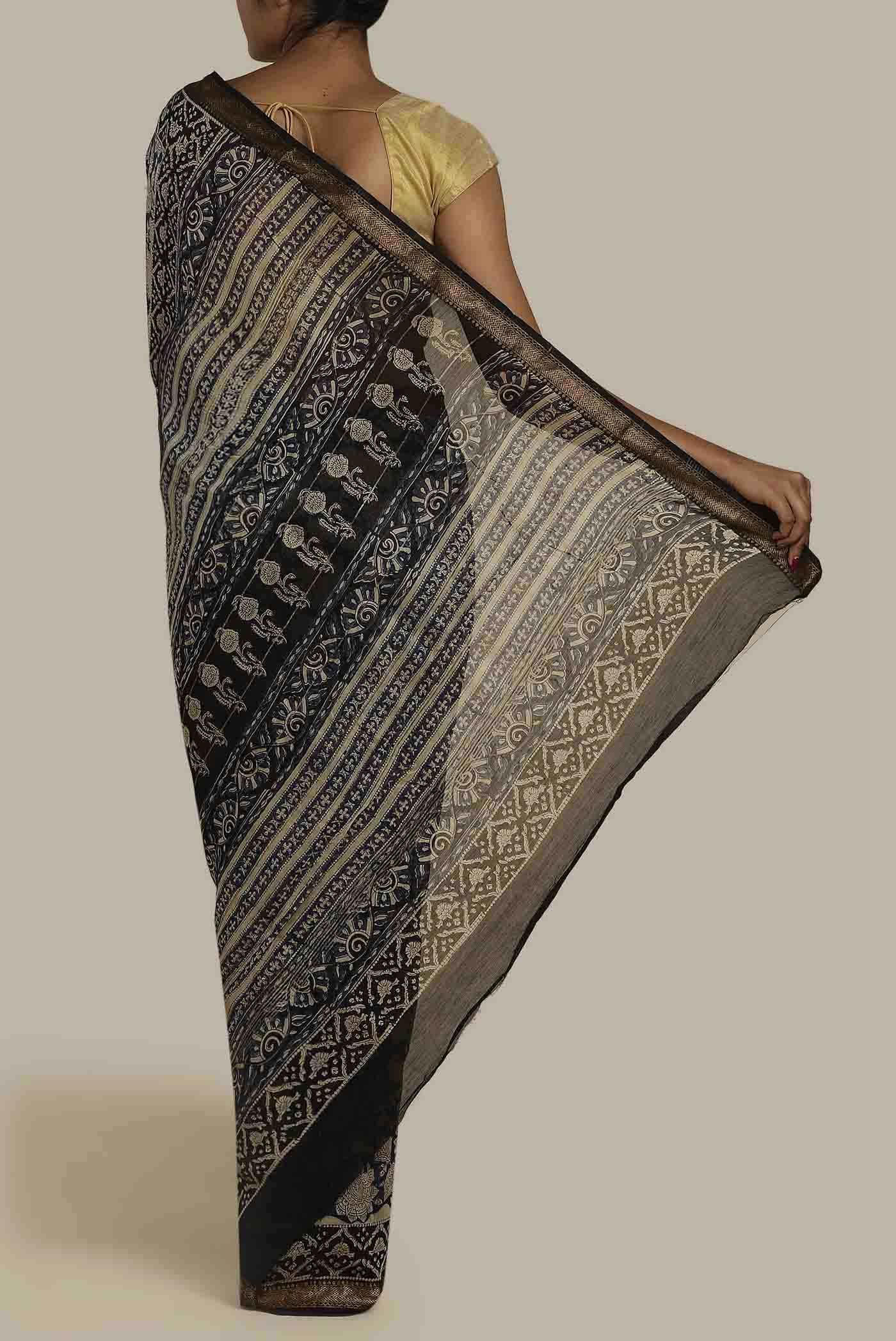 Navy Blue Maheshwari Silk Cotton Saree