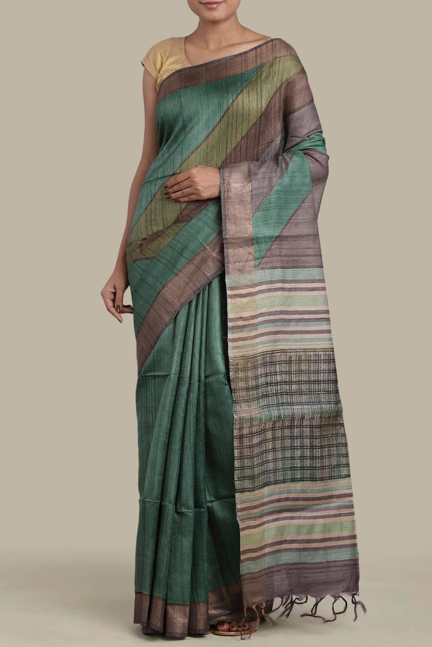 Green Bhagalpuri Tussar Silk Saree