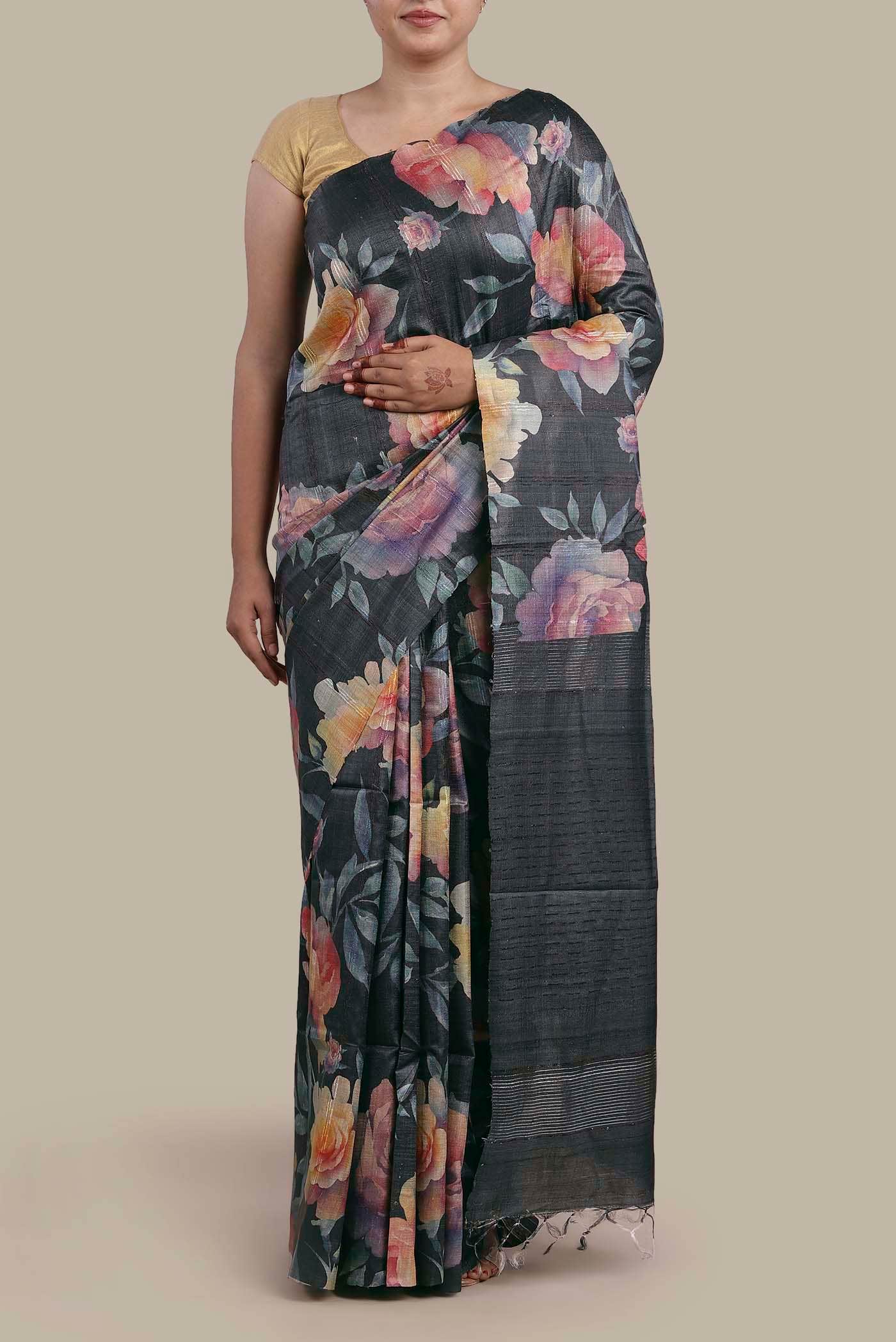 Black Tussar Silk Saree