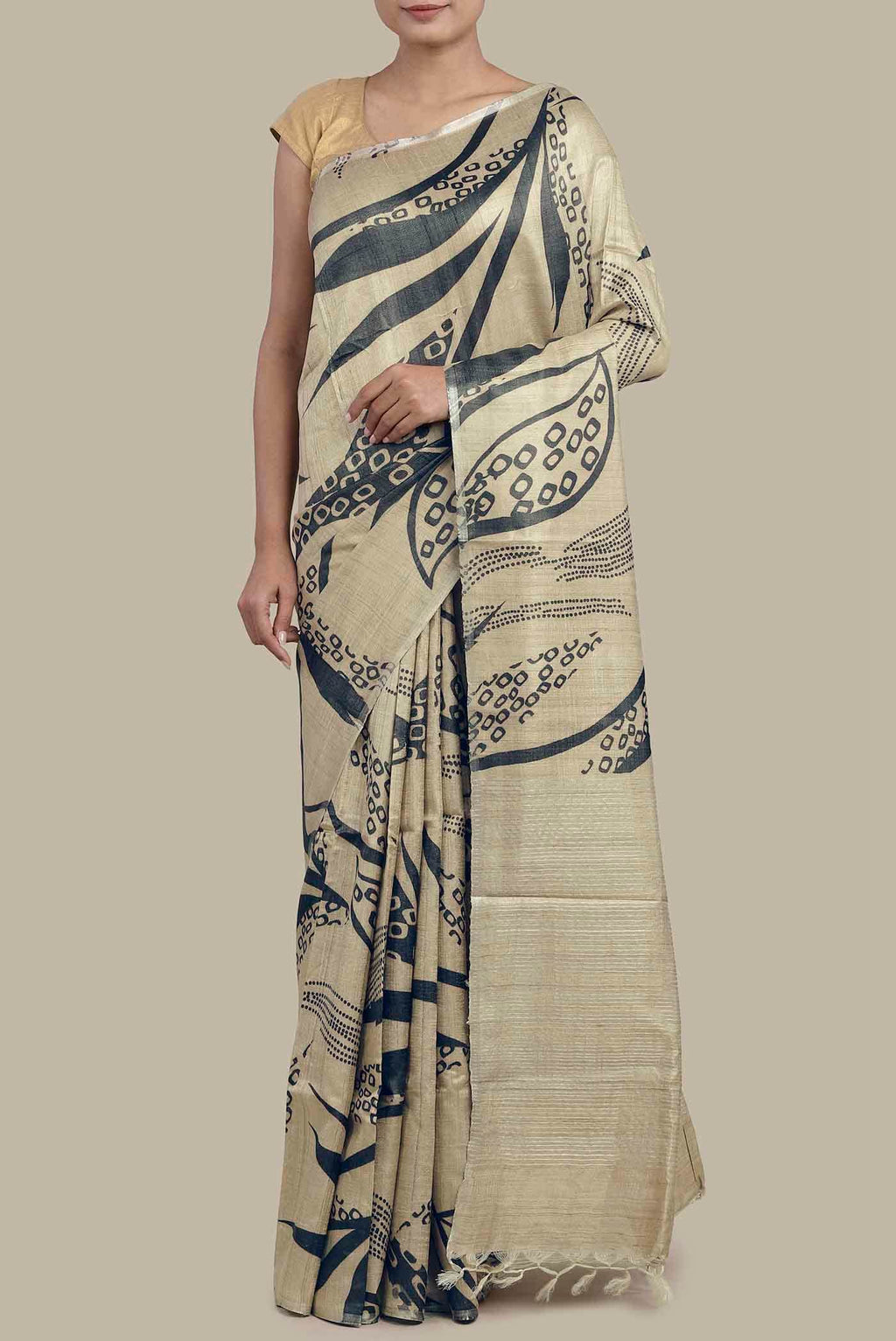 Cream Tussar Silk Saree