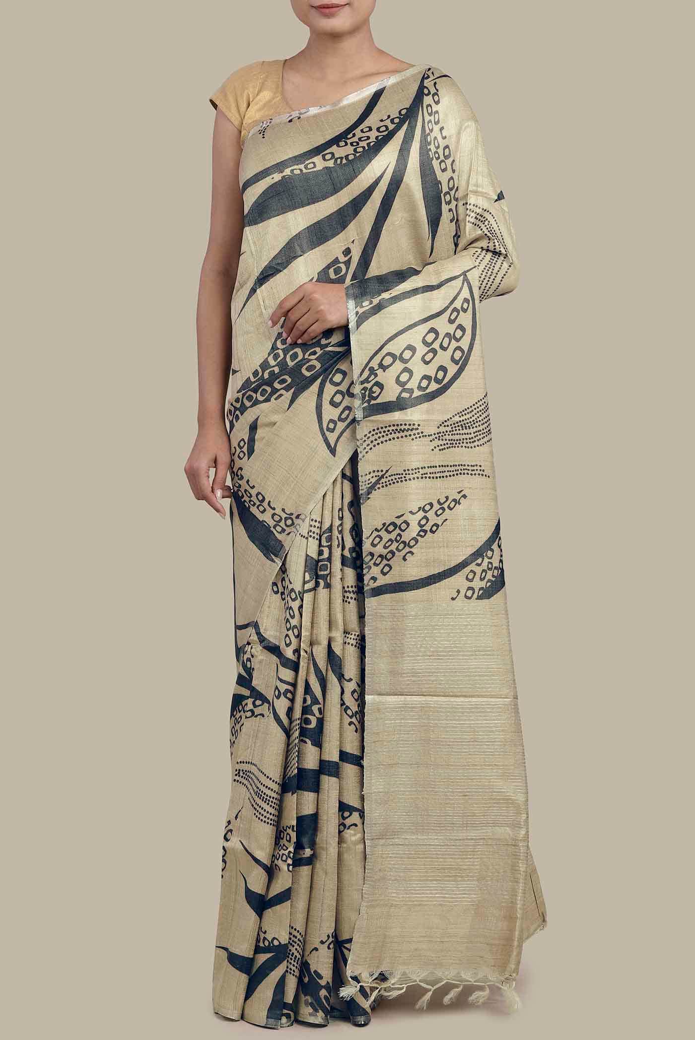 Cream Tussar Silk Saree