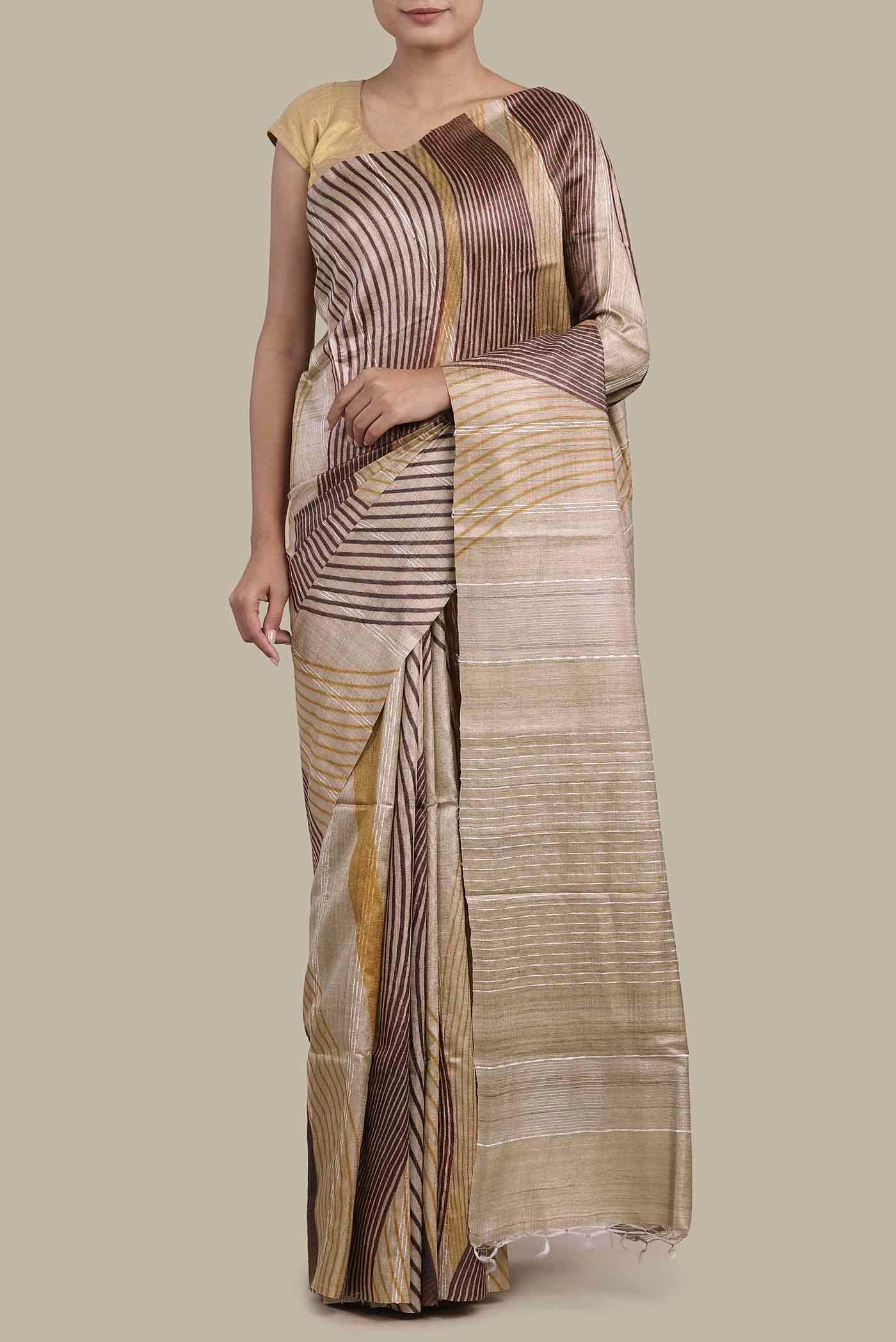Beige Tussar Silk Saree