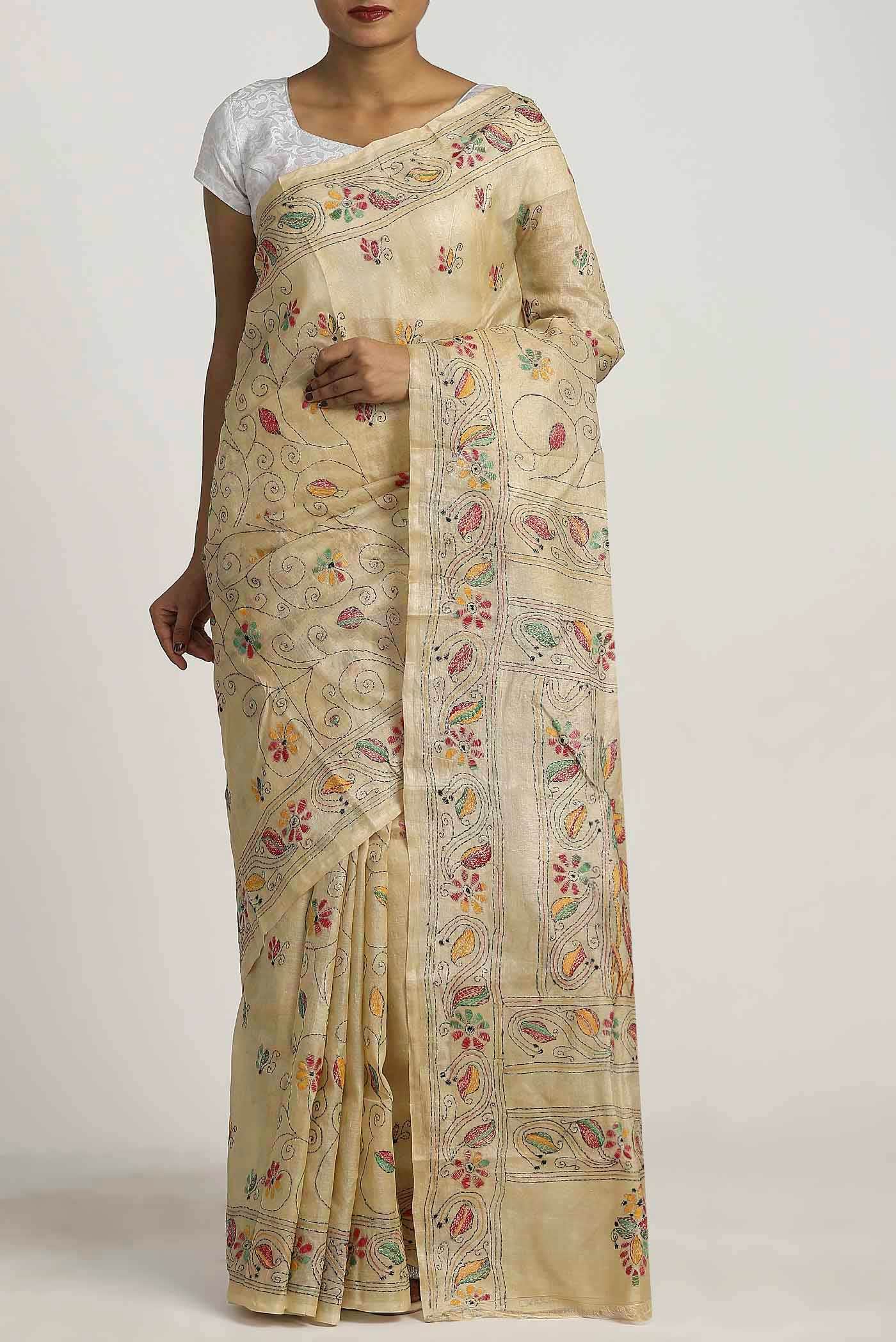 Cream Tussar Silk Saree
