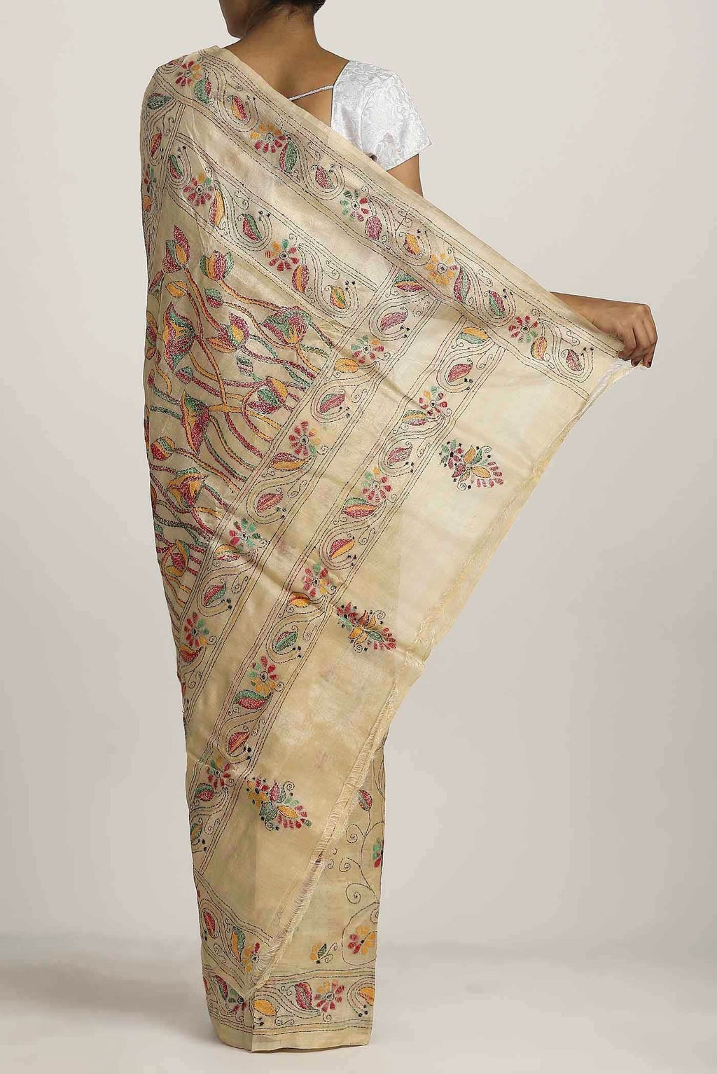 Cream Tussar Silk Saree