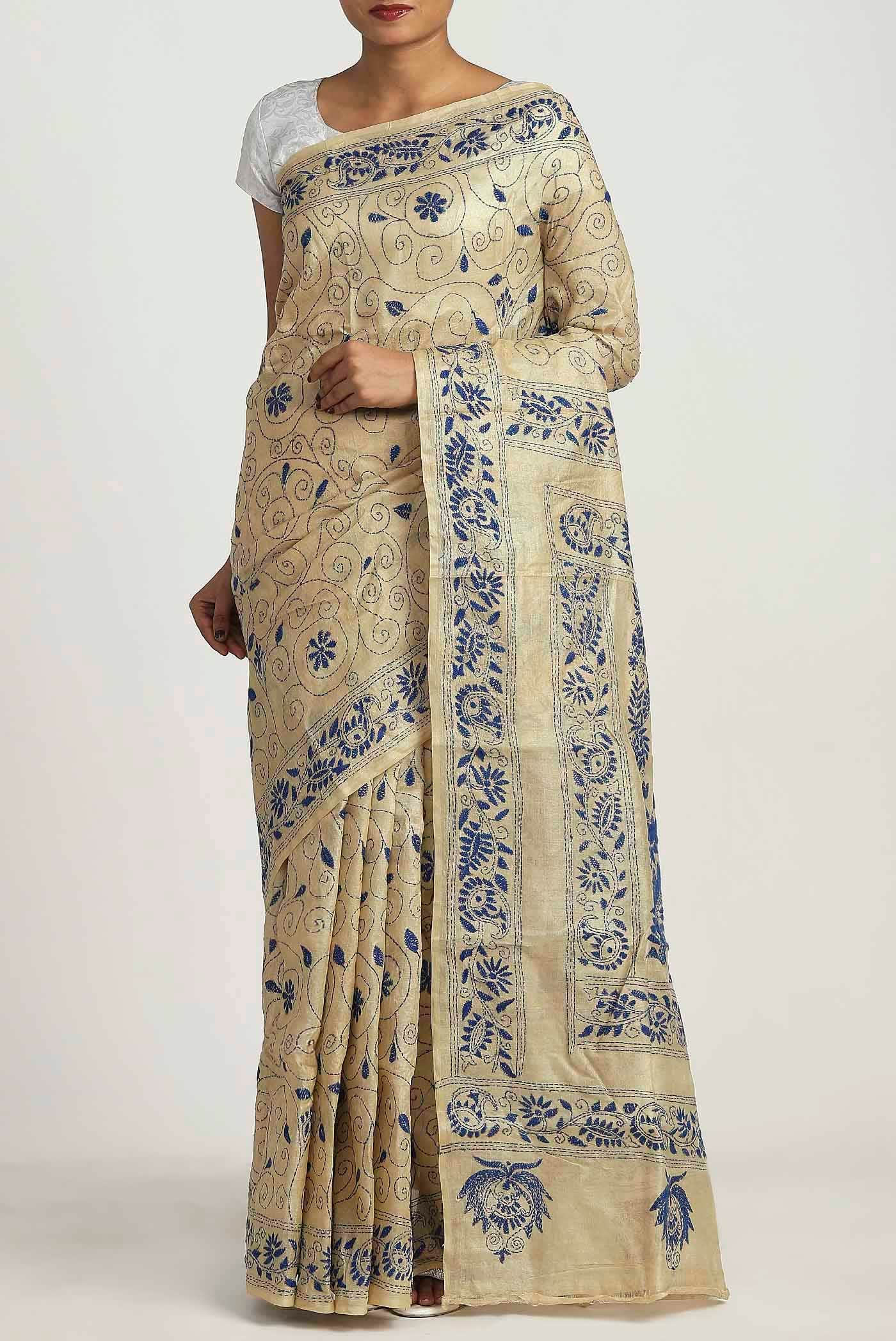 Beige Tussar Silk Saree