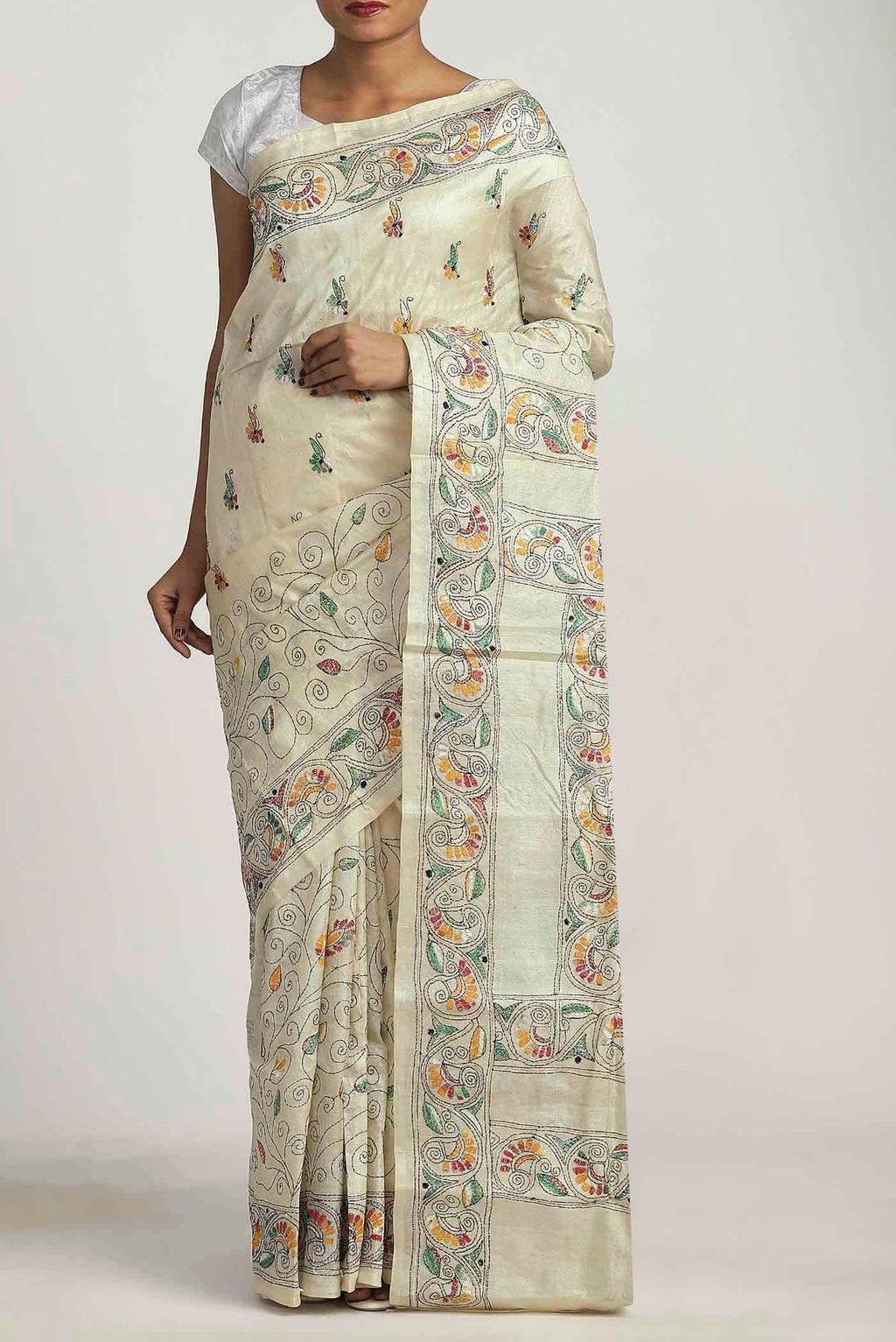 Cream Tussar Silk Saree