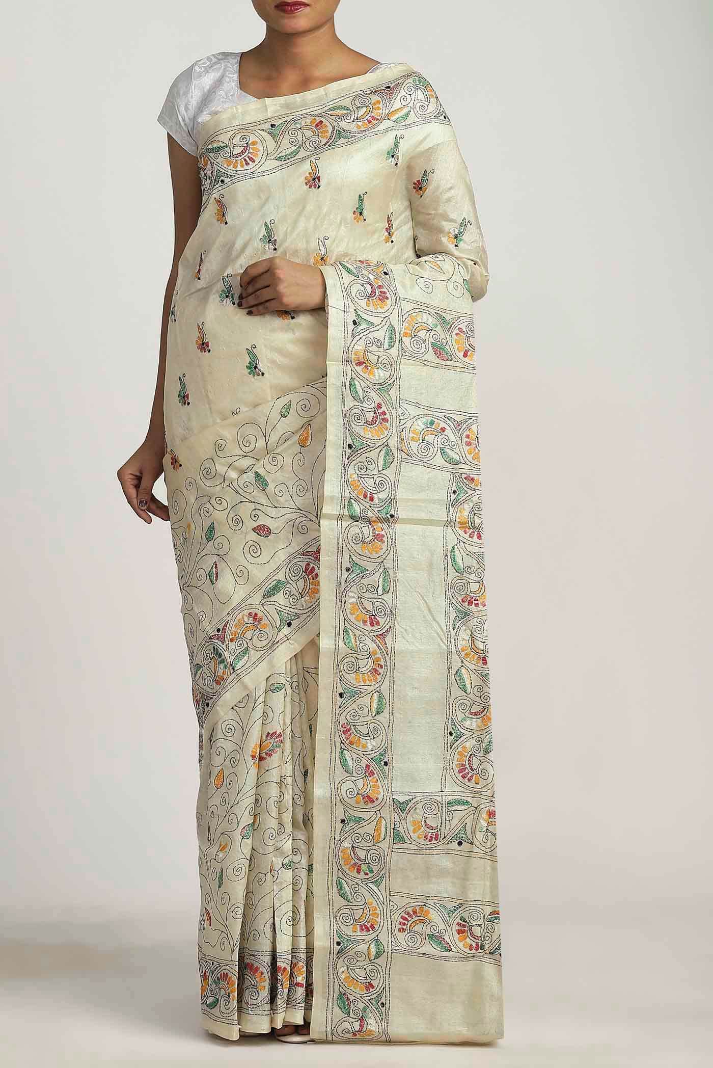 Cream Tussar Silk Saree