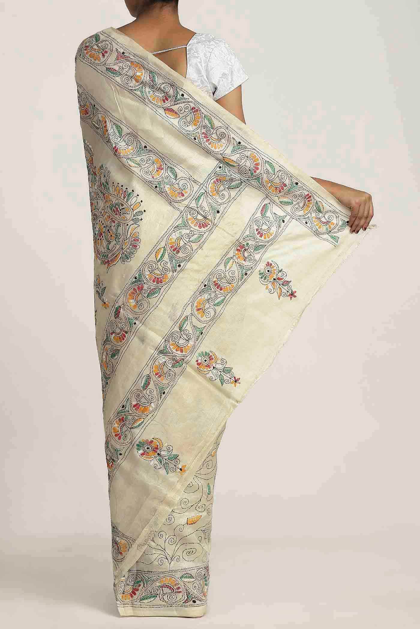 Cream Tussar Silk Saree