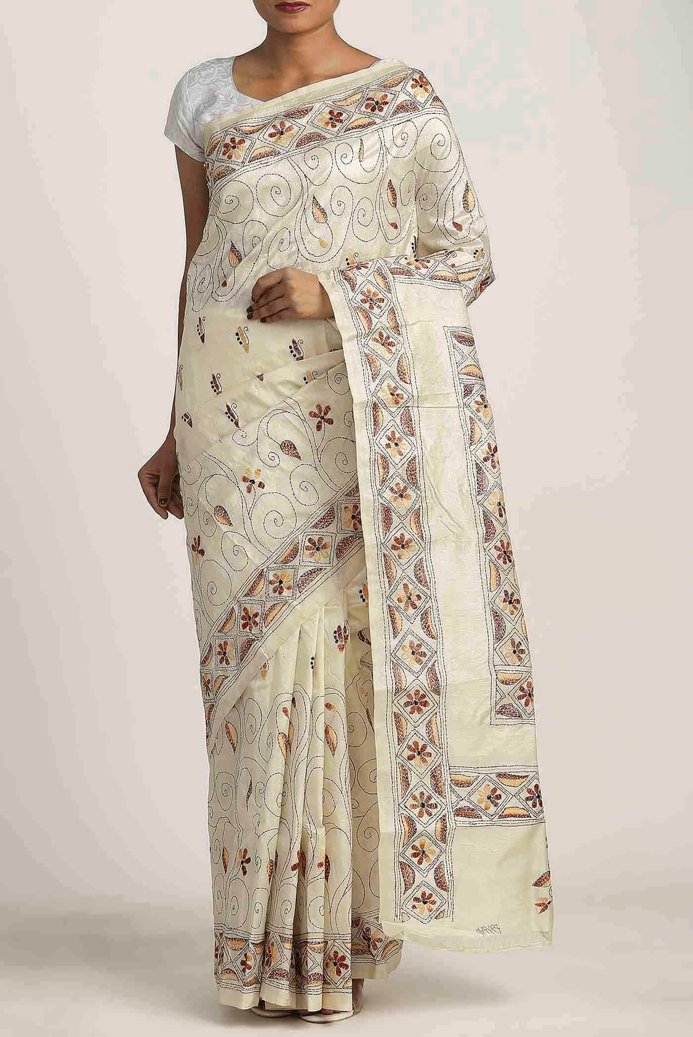Cream Tussar Silk Saree