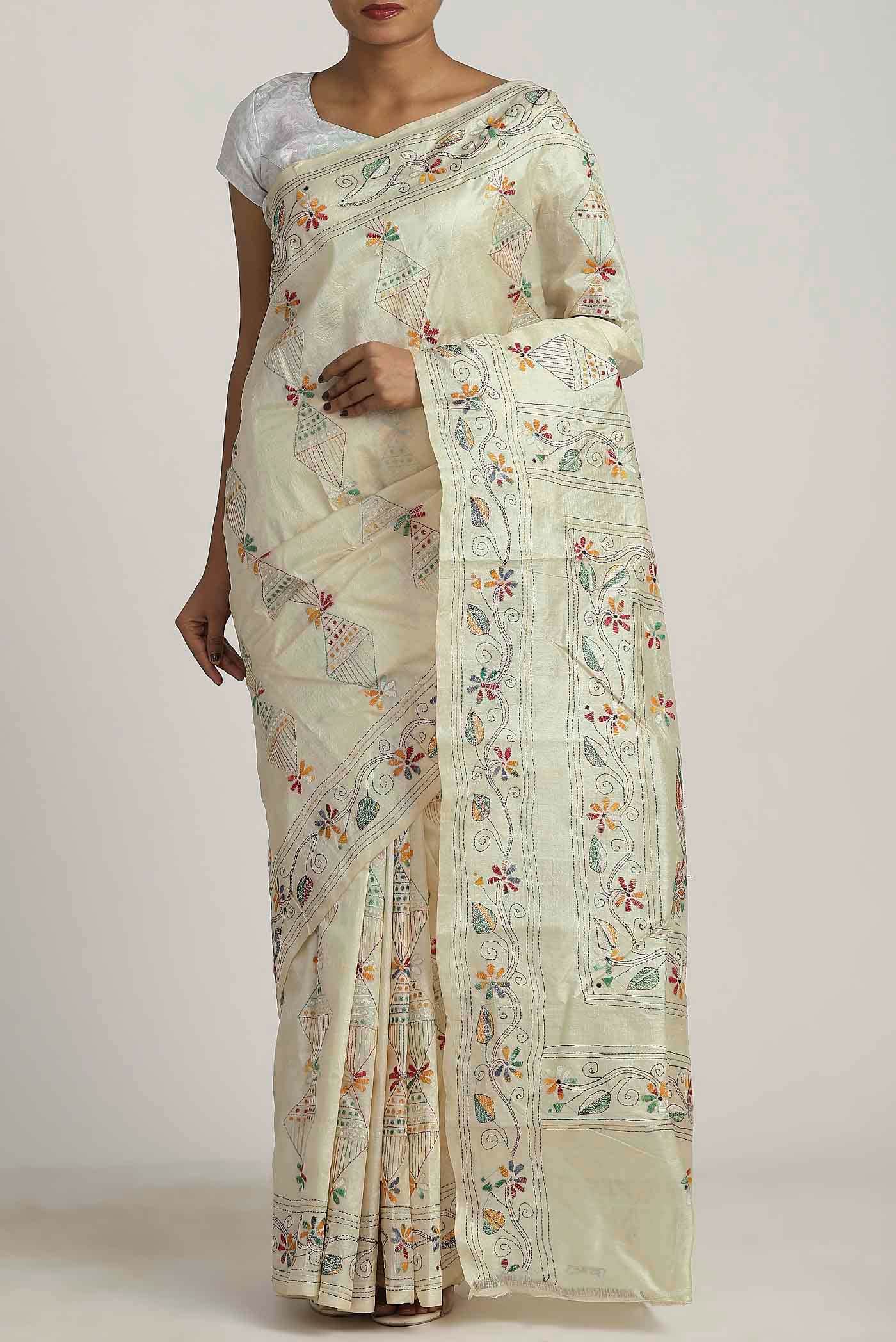 Cream Tussar Silk Saree