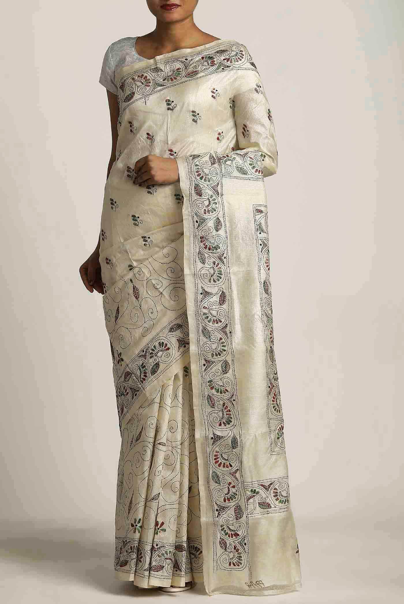Cream Tussar Silk Saree