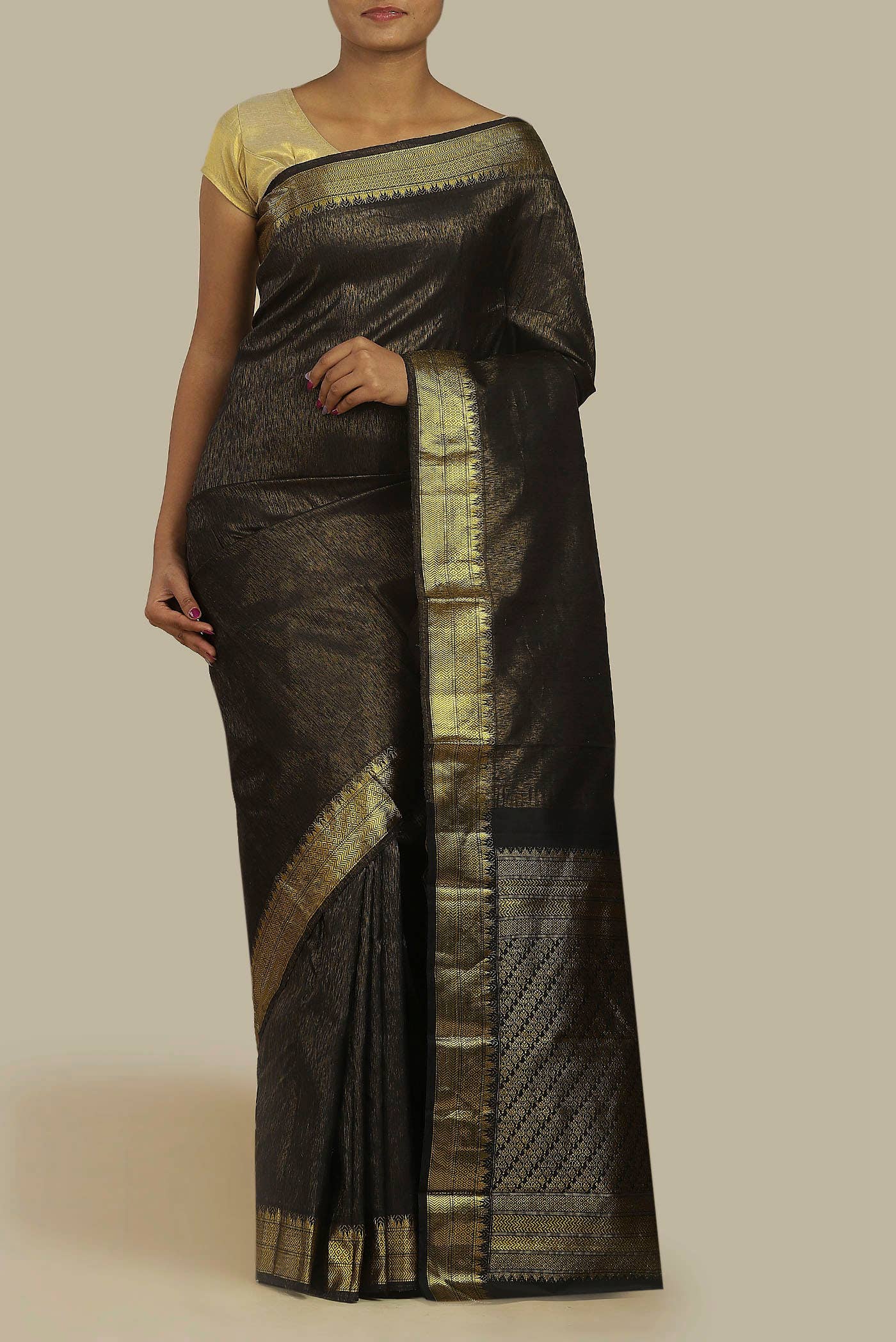Black with Gold Dual Tone Kanchipuram Silk Saree