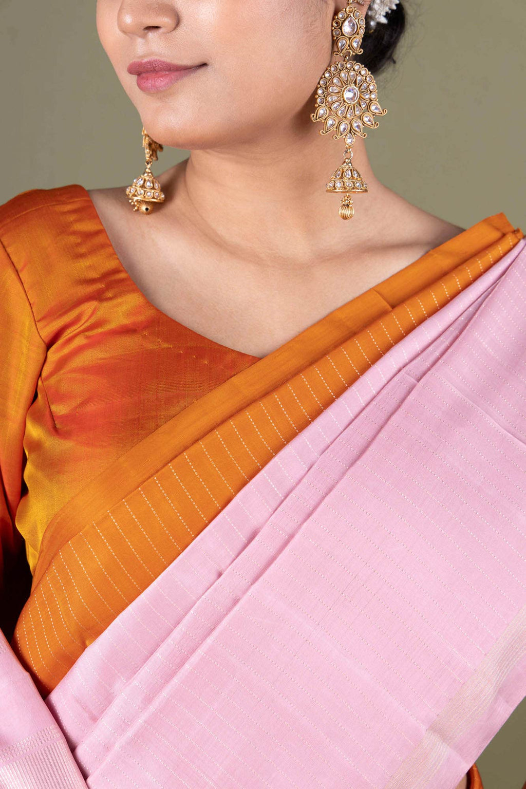 Pure Silk Pure Zari Pinkish Yellow Kanchipuram Saree