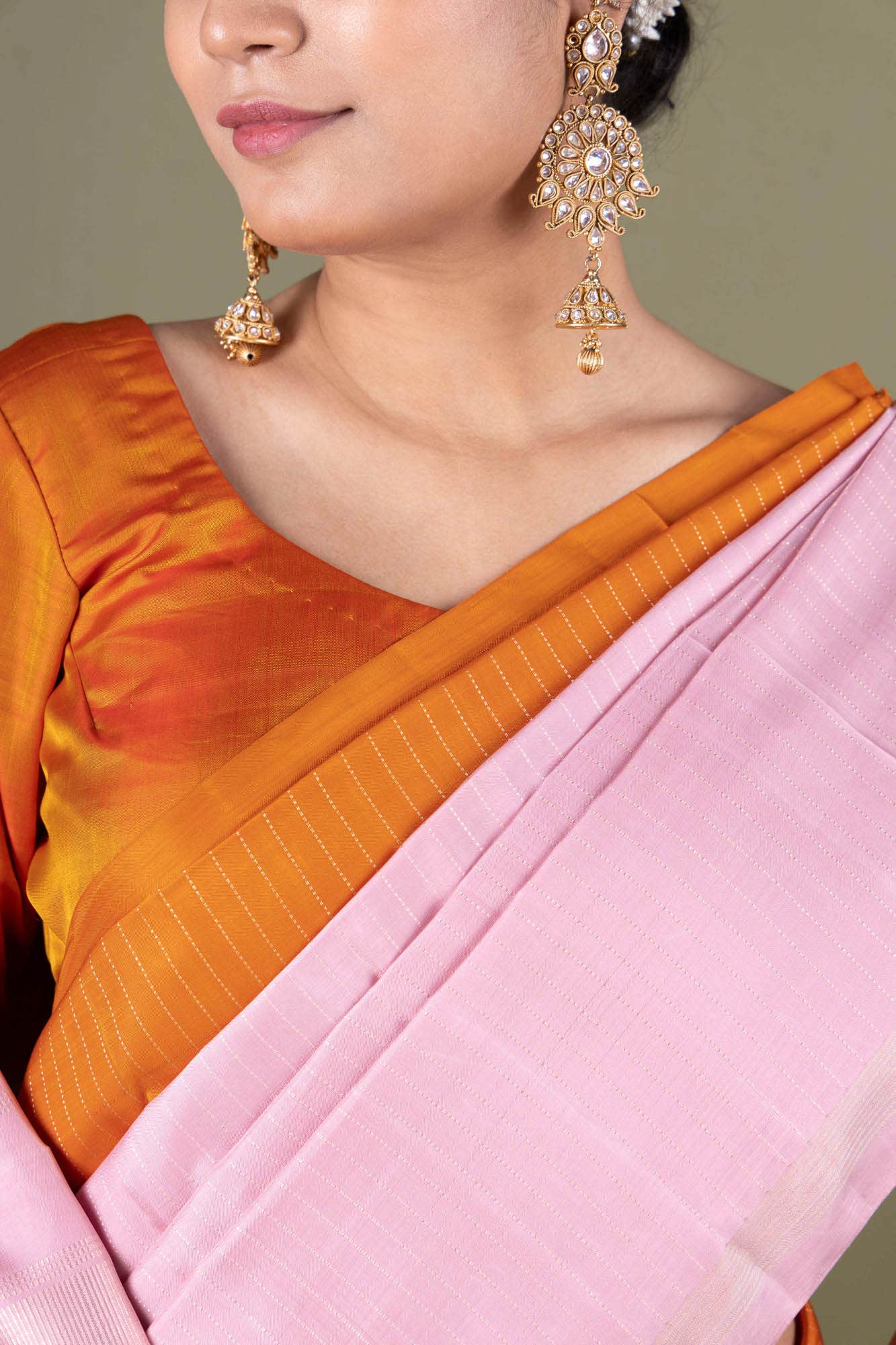 Pure Silk Pure Zari Pinkish Yellow Kanchipuram Saree
