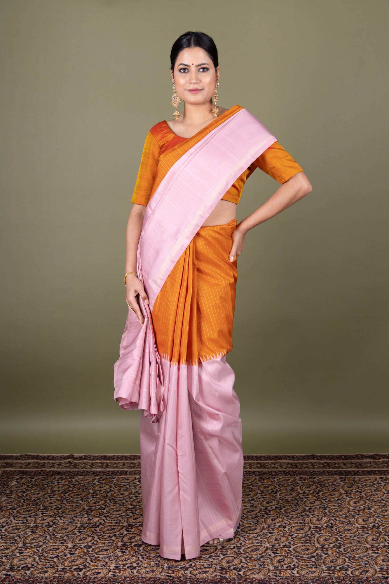 Pure Silk Pure Zari Pinkish Yellow Kanchipuram Saree