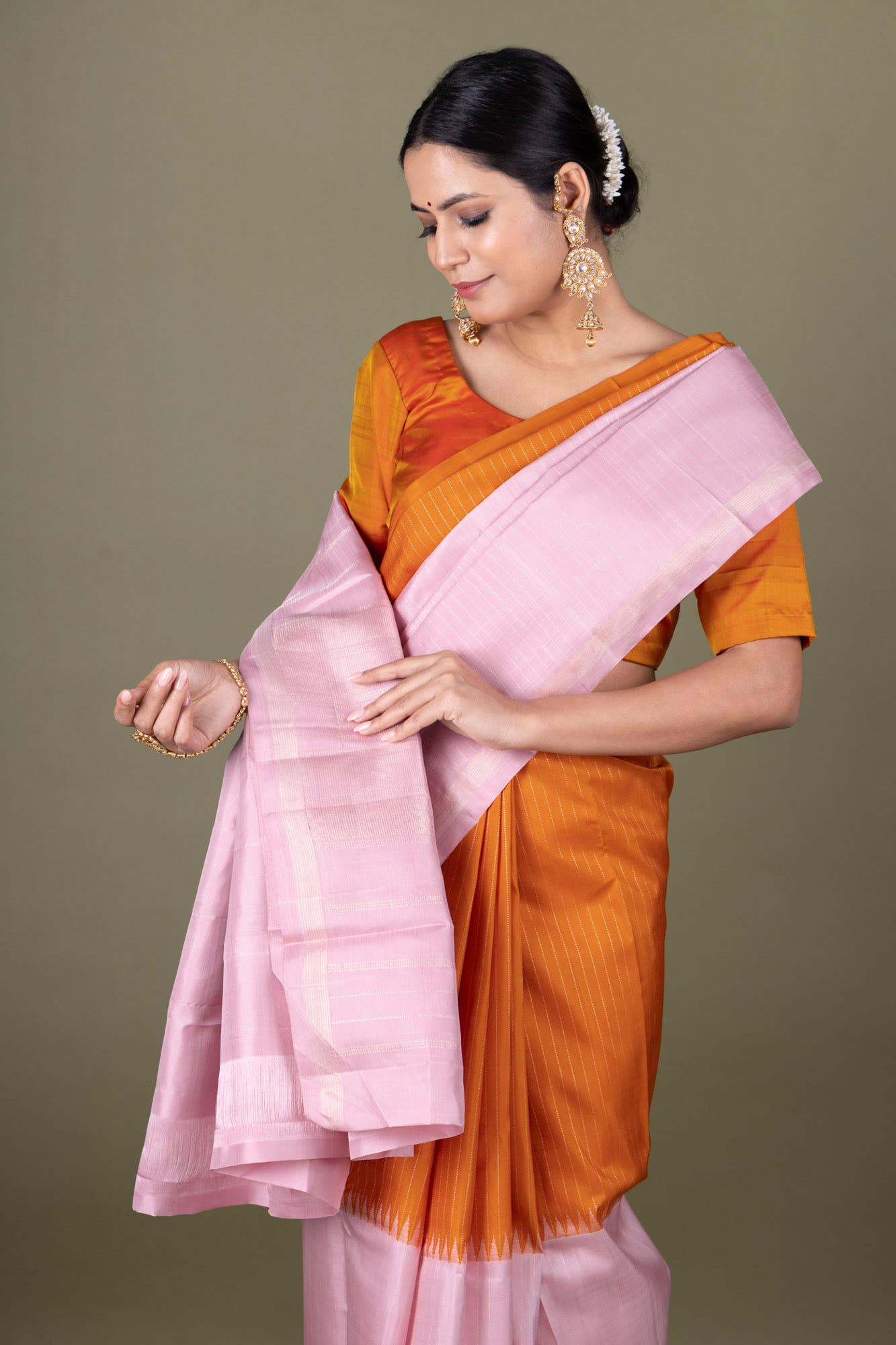 Pure Silk Pure Zari Pinkish Yellow Kanchipuram Saree