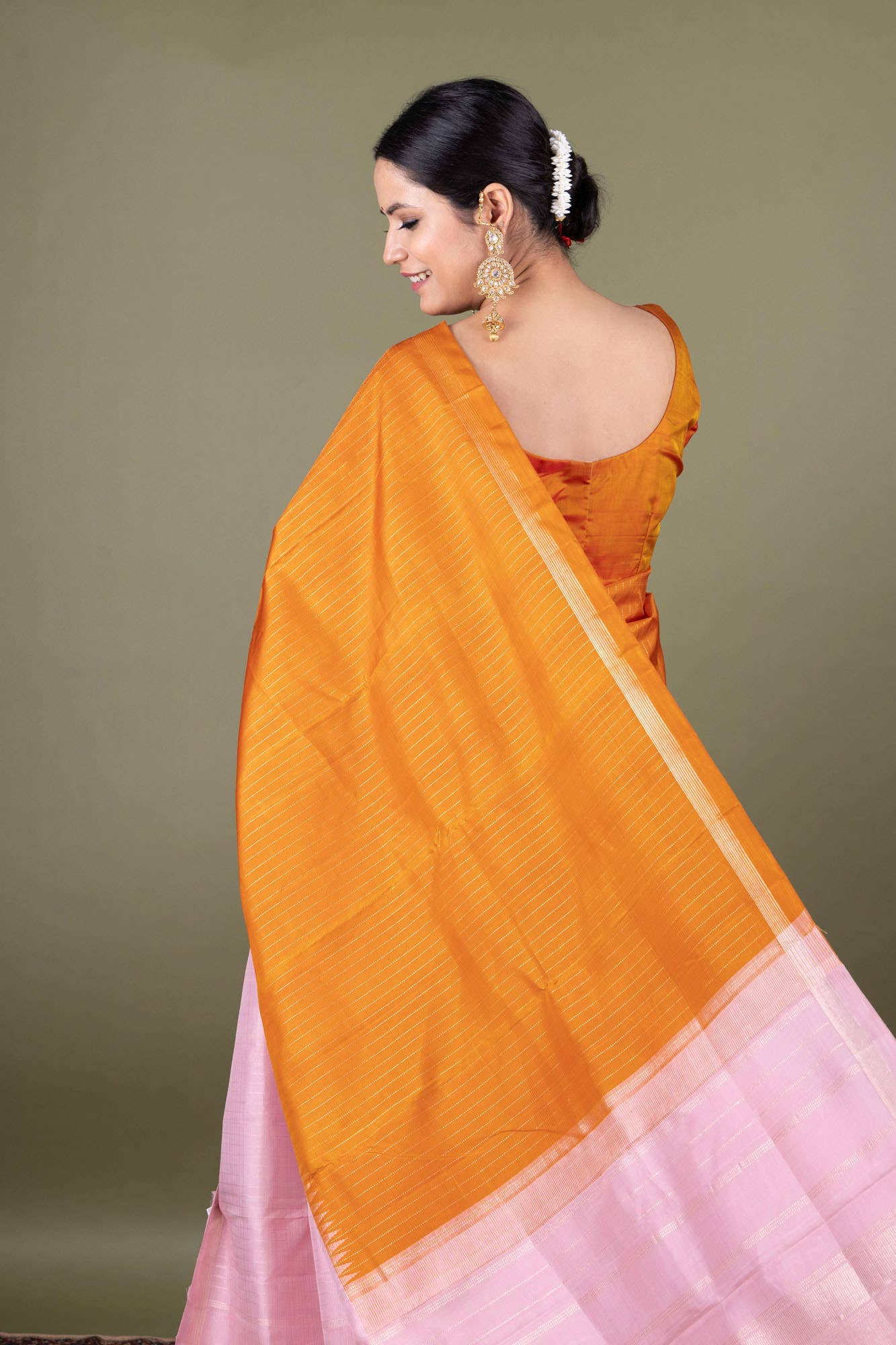 Pure Silk Pure Zari Pinkish Yellow Kanchipuram Saree
