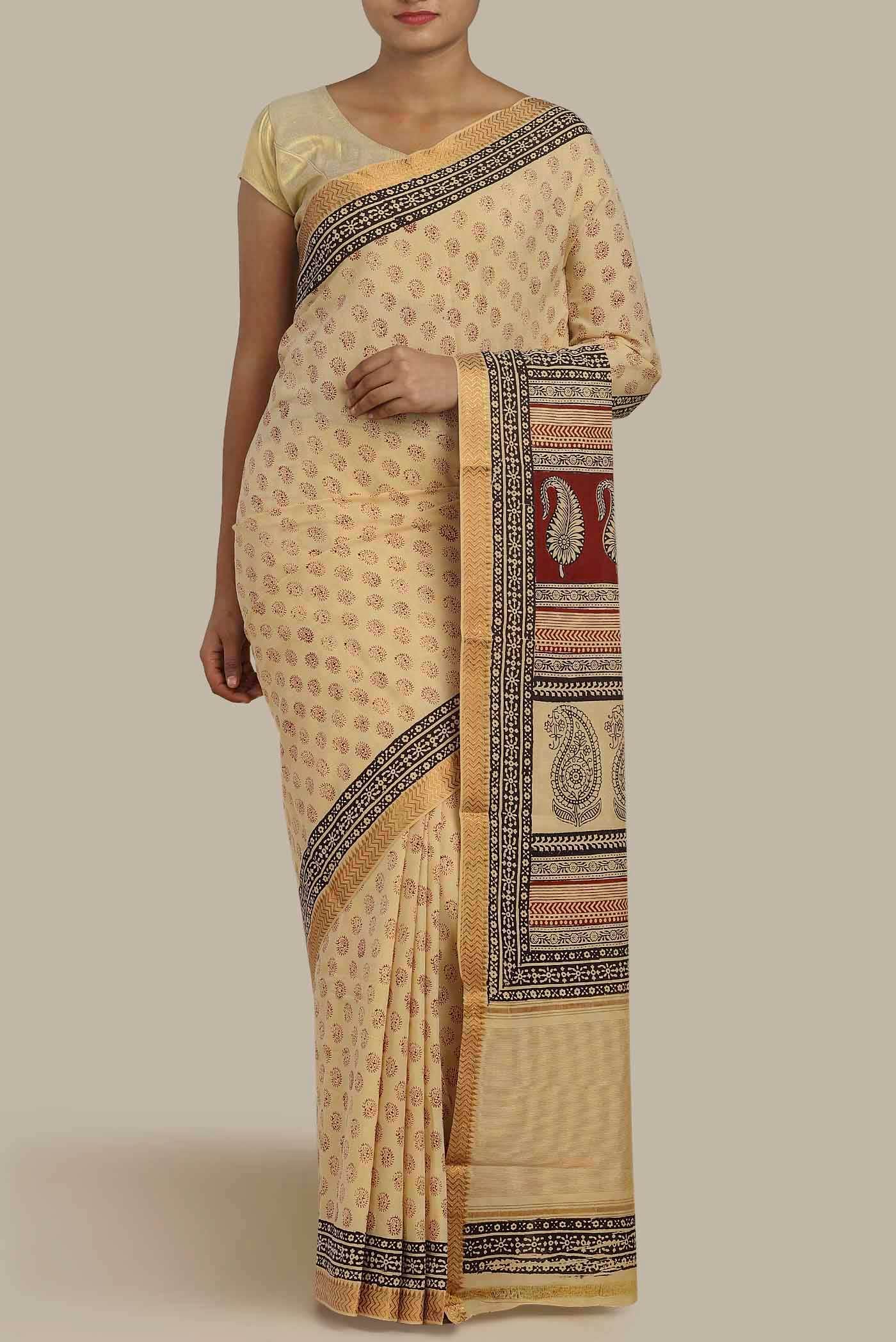 Cream Mangalagiri Cotton Saree