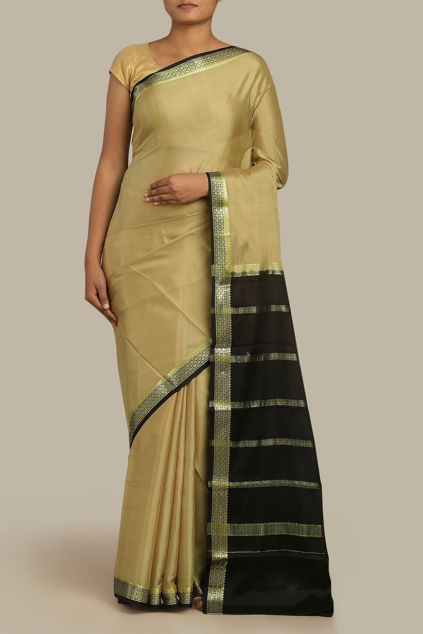 Beige Mysore Crepe Saree