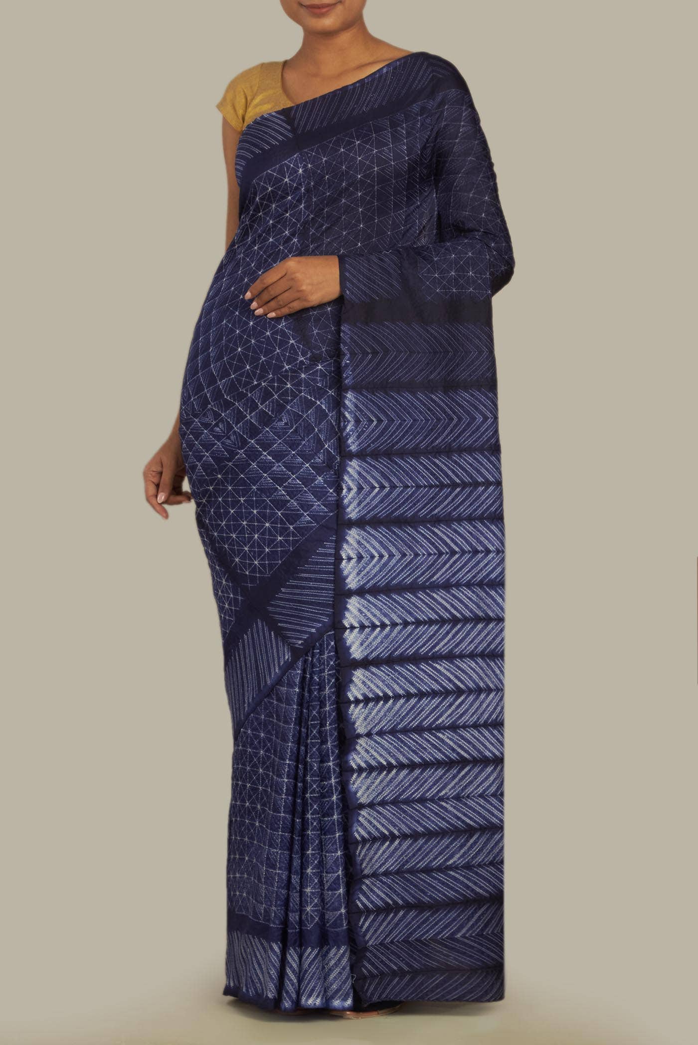 Navy Blue Tussar Silk Saree