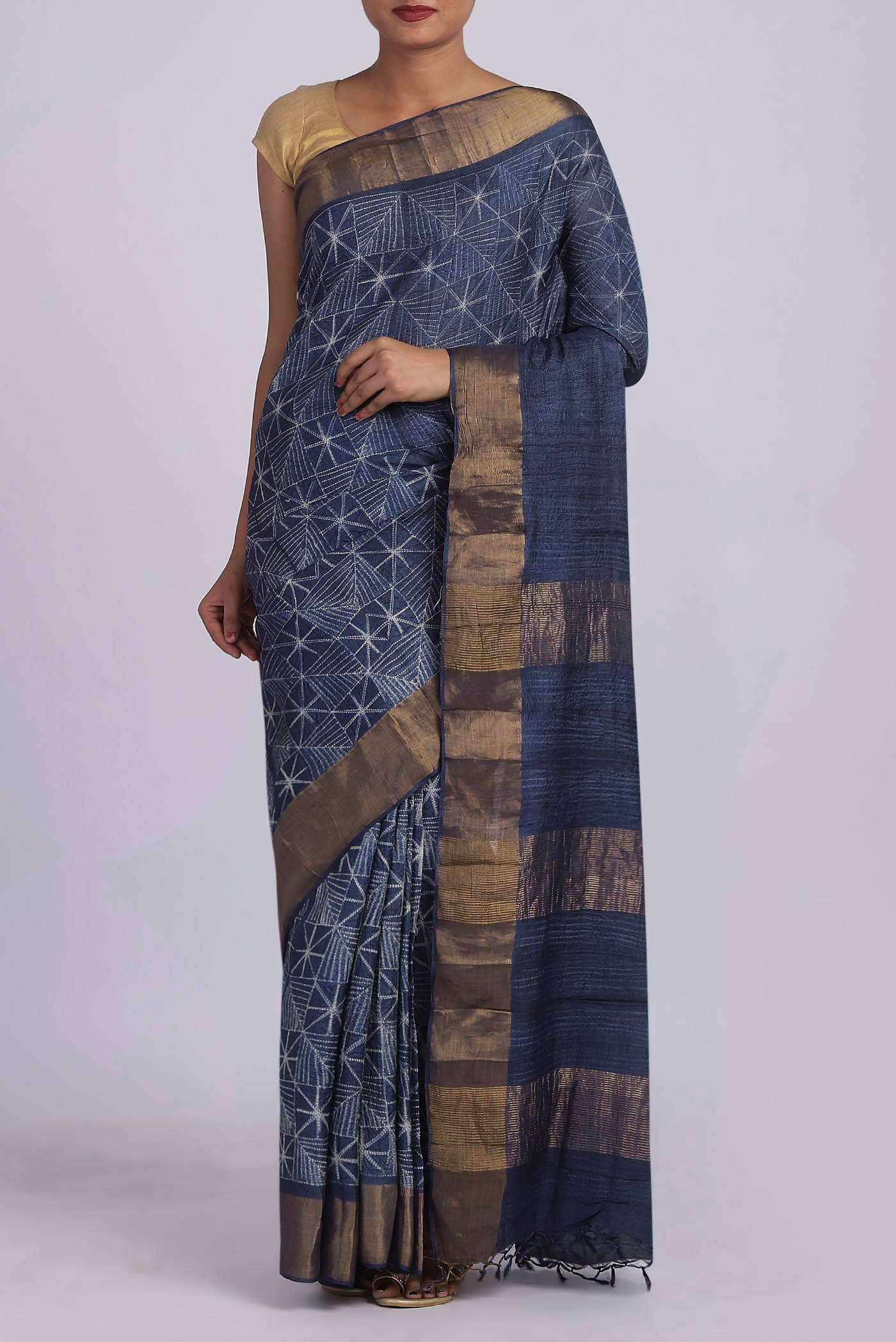 Blue Grey Tussar Silk Saree