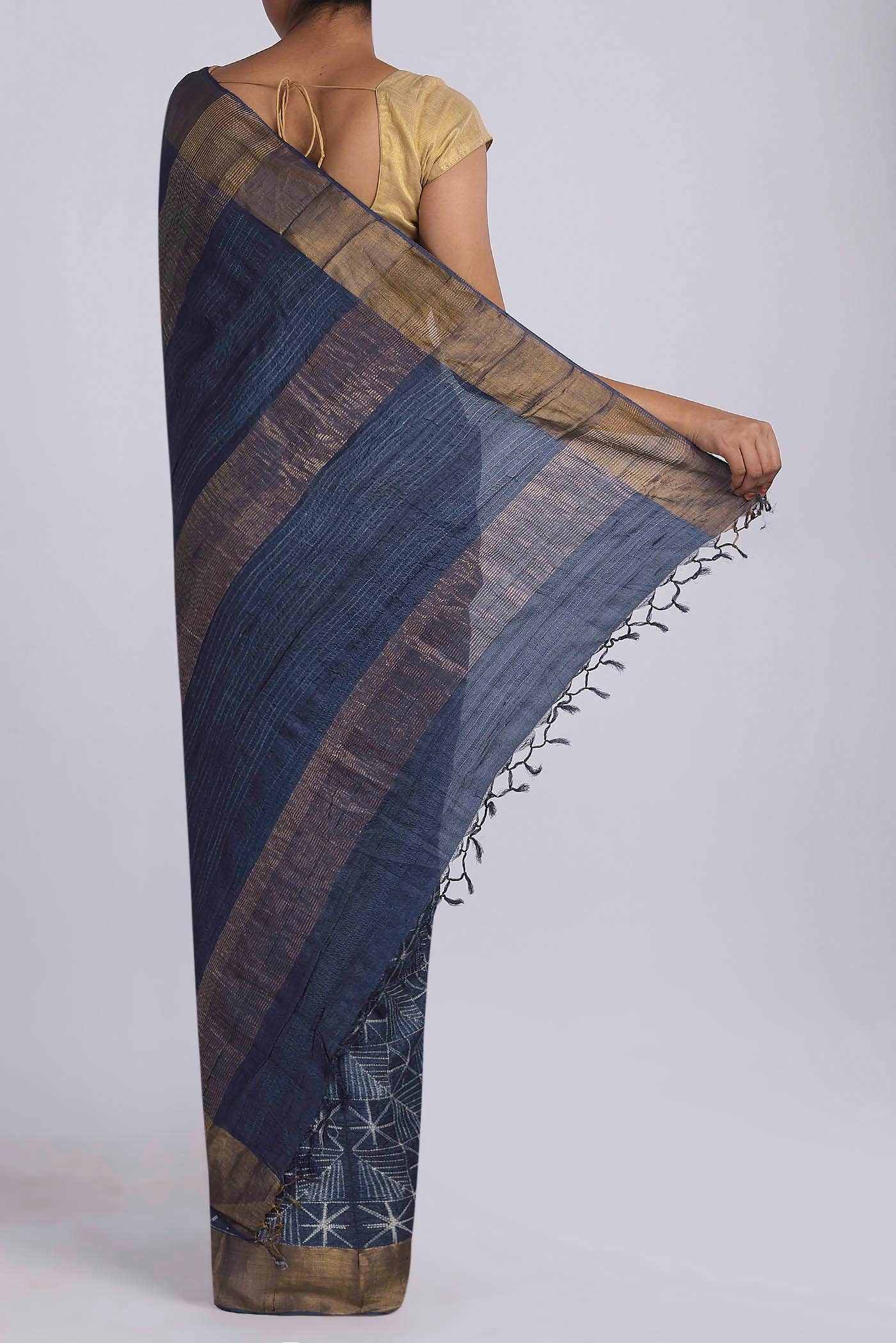 Blue Grey Tussar Silk Saree