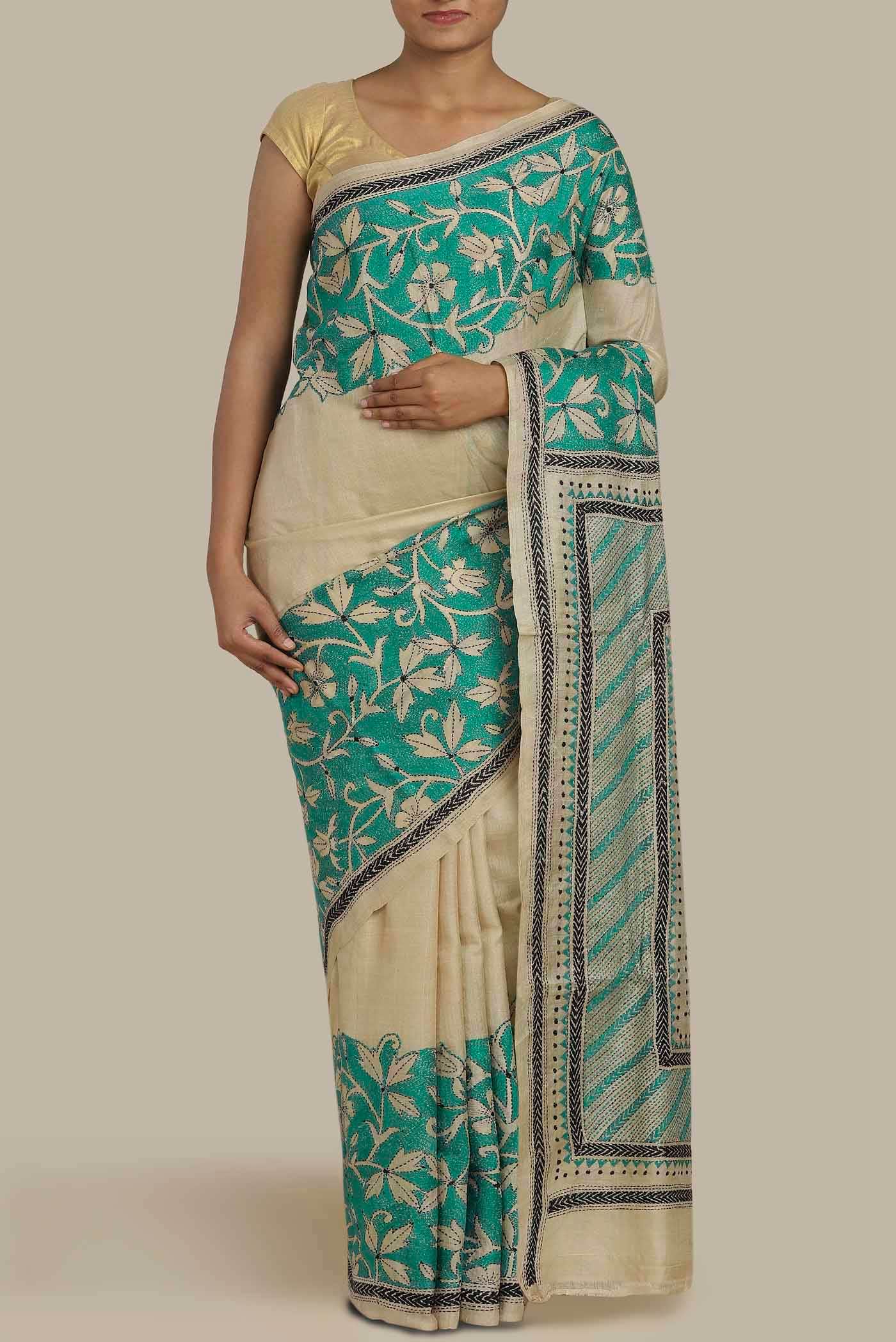 Beige Tussar Silk Saree