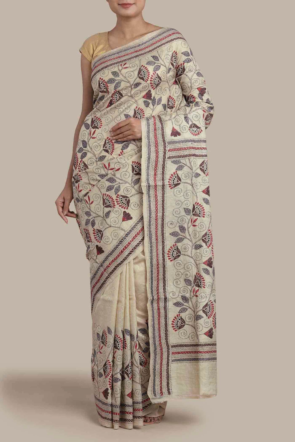 Cream Tussar Silk Saree
