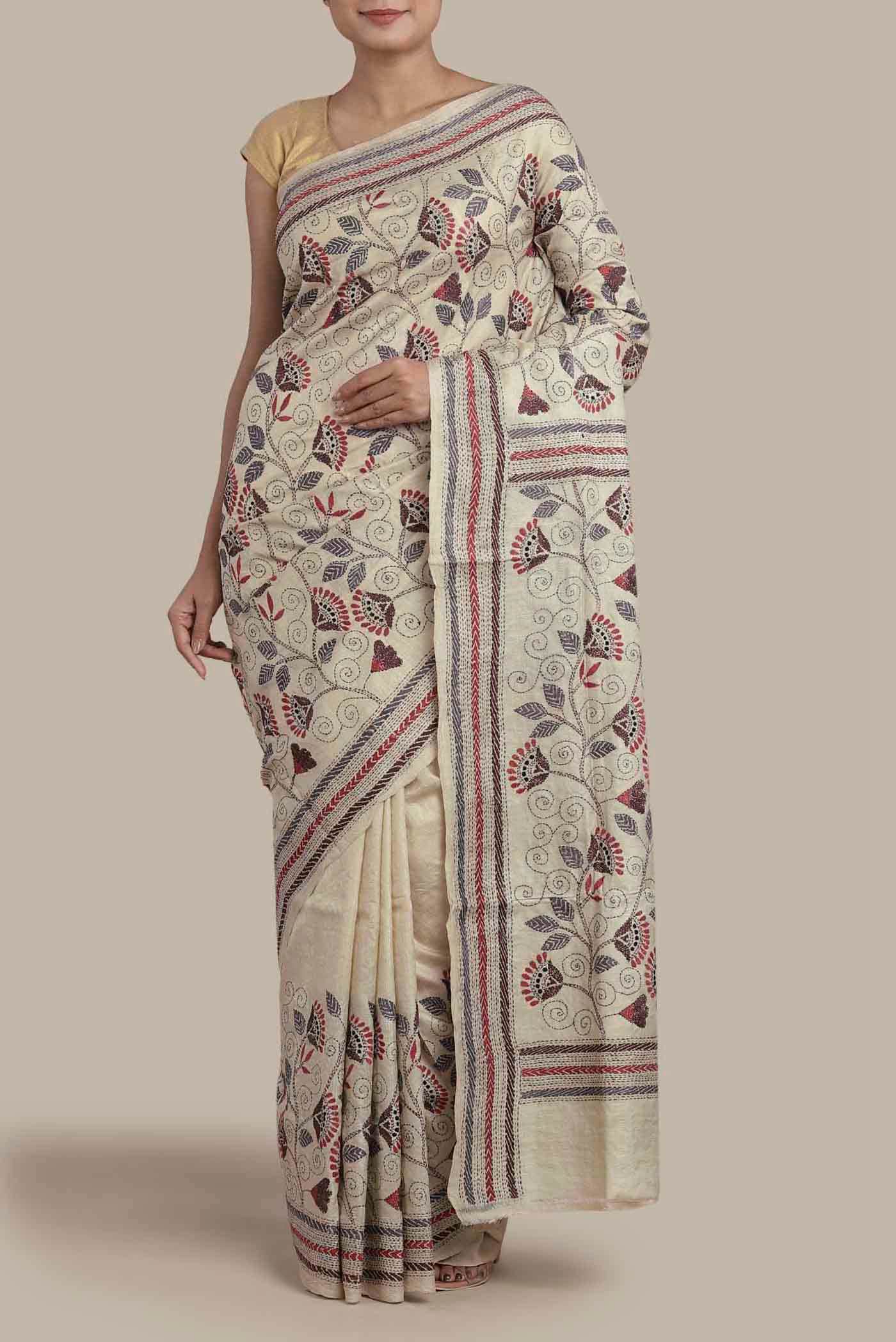 Cream Tussar Silk Saree