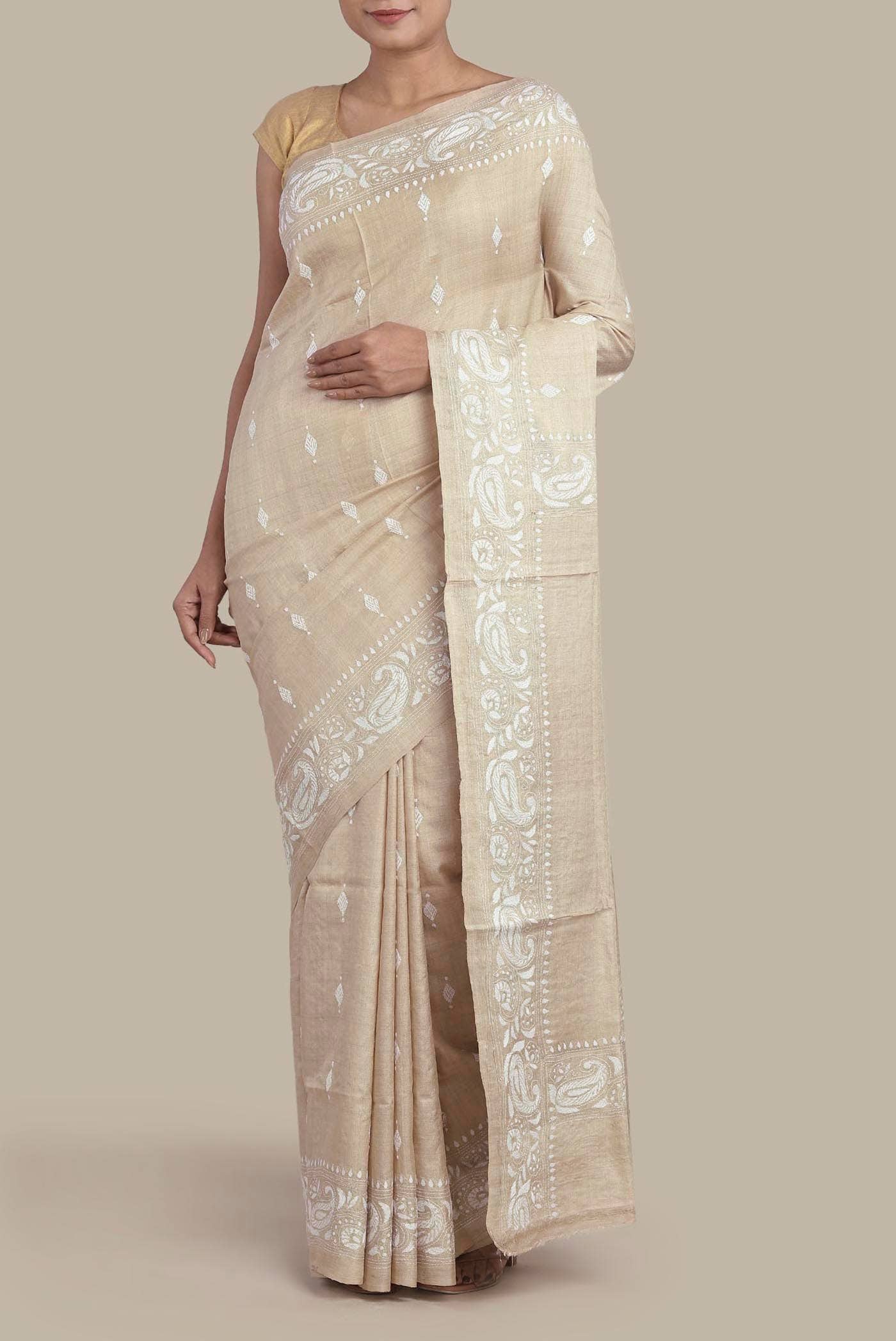 Cream Tussar Silk Saree