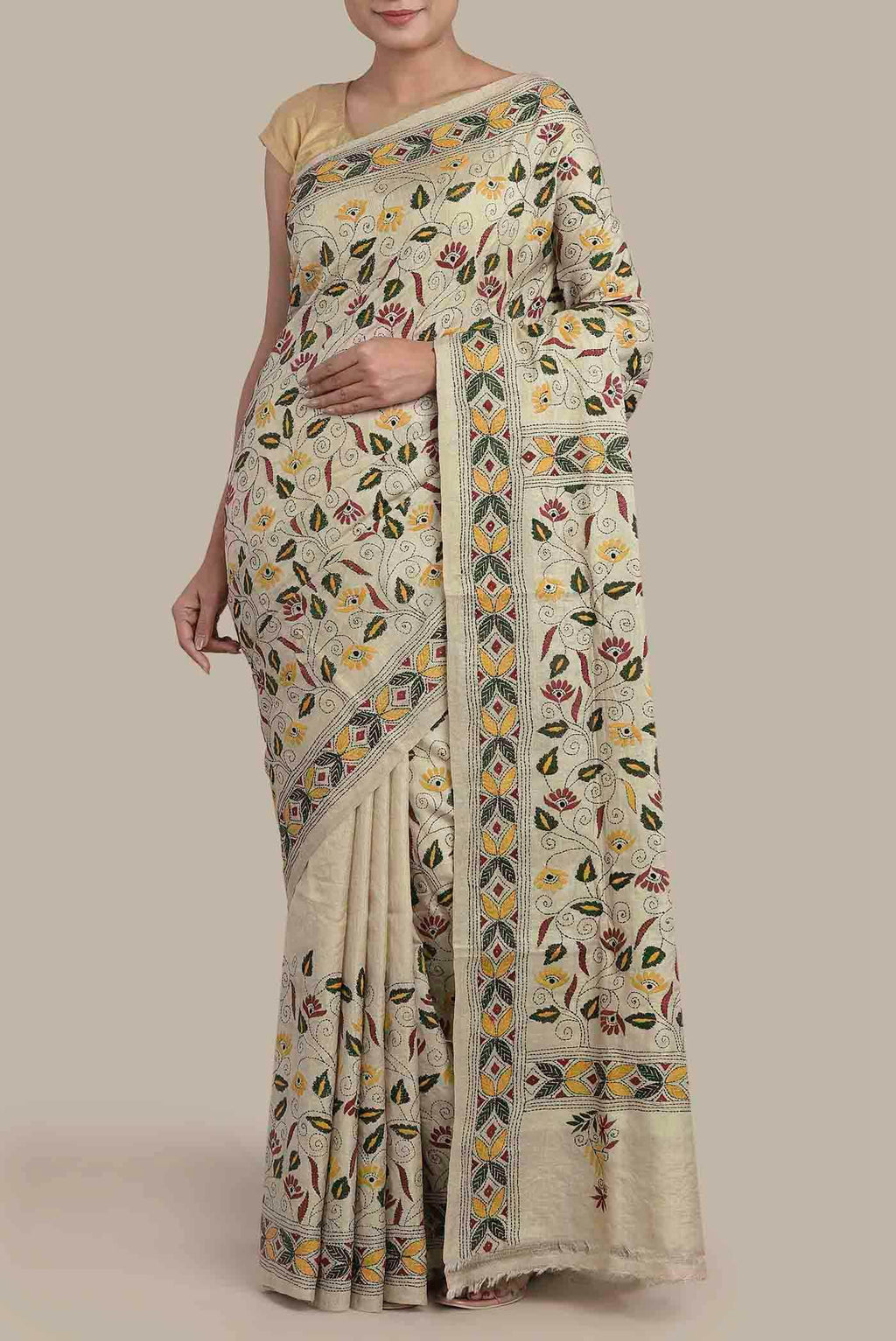 Beige Tussar Silk Saree