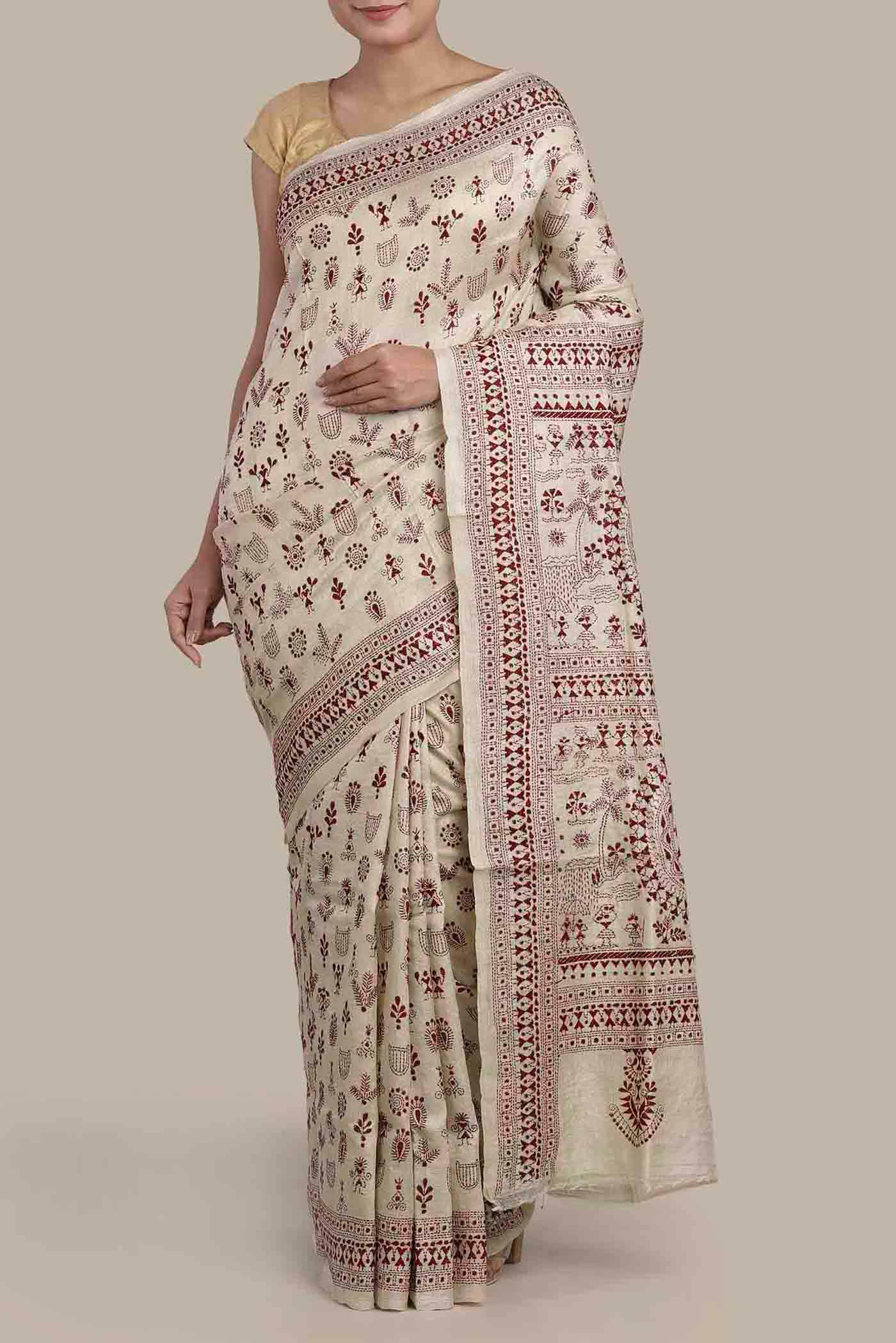 Beige Tussar Silk Saree