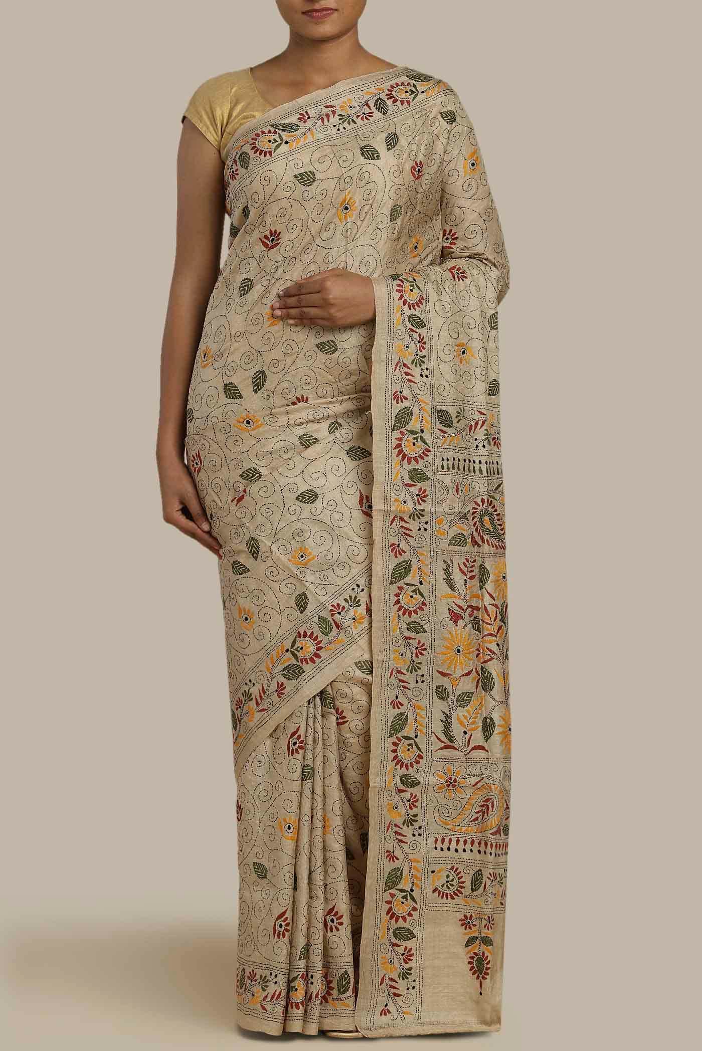 Beige Tussar Silk Saree