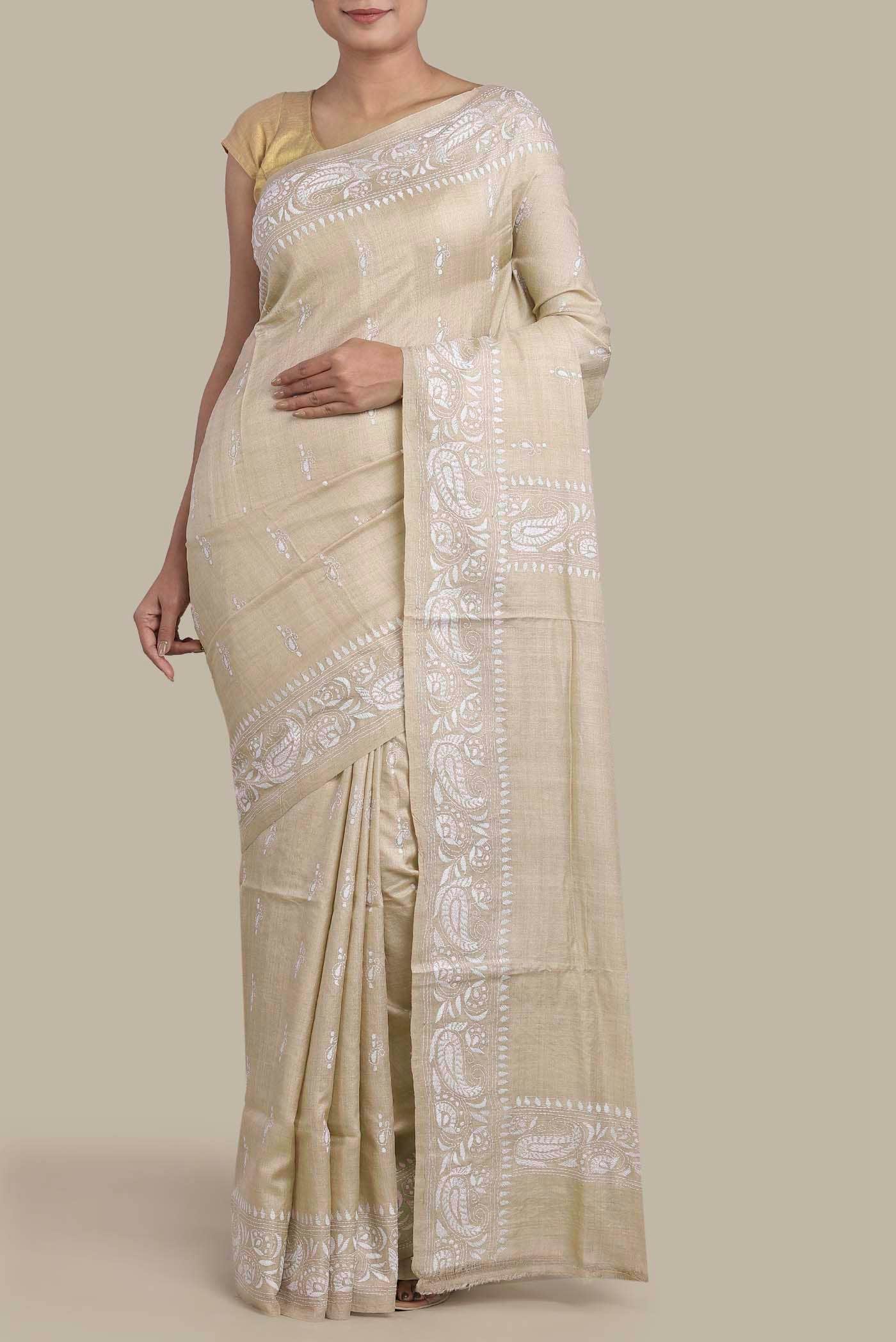 Beige Tussar Silk Saree